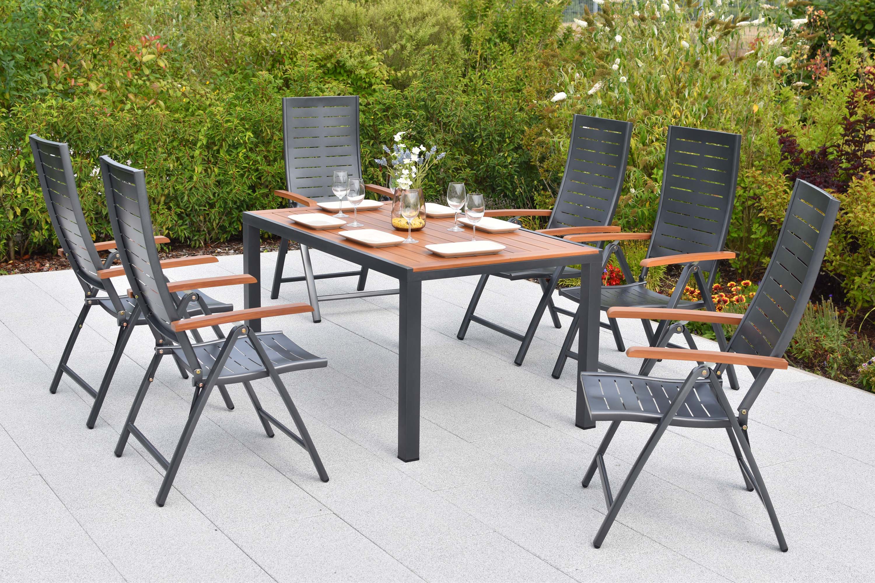 Tinos Set 7tlg., 6 Klappsessel, Tisch 150 x 90 cm