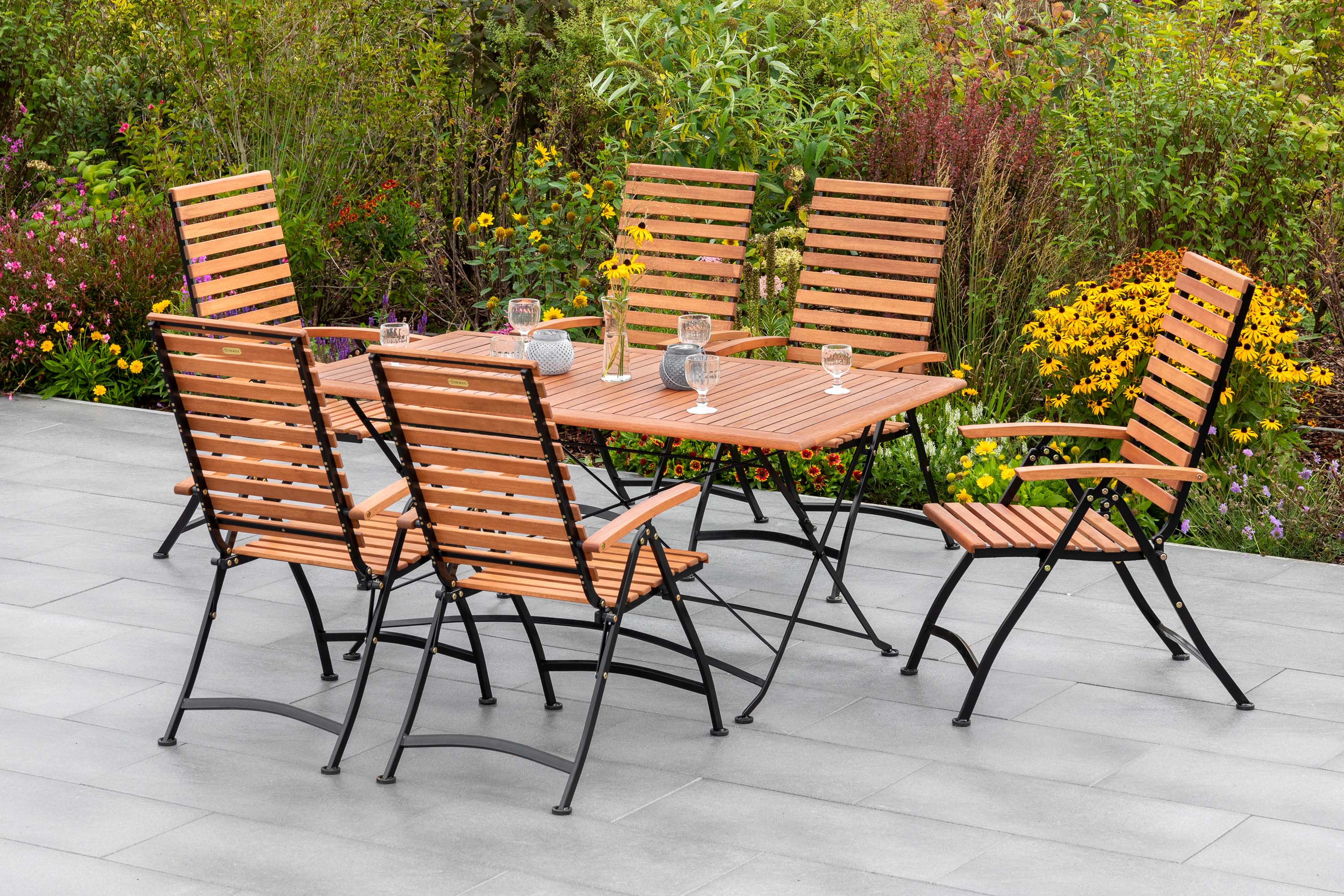 Schlossgarten Set 7tlg., 6 Klappsessel, Klapptisch 160 x 90 cm Schlossgarten Set 7tlg., 6 Klappsessel, Klapptisch 160 x 90 cm