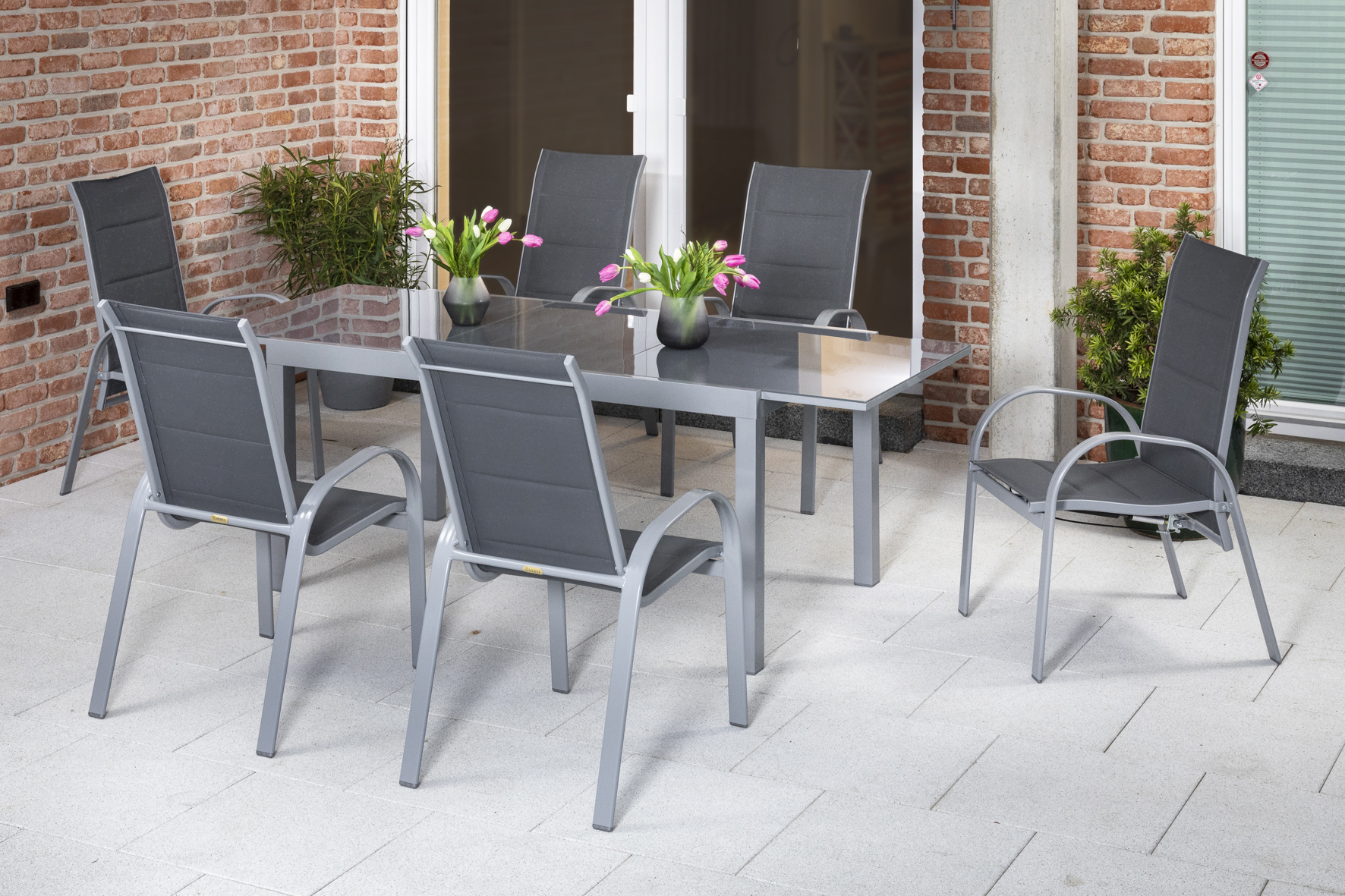 Amalfi Set, 7 tlg., 6 Stapelsessel, Ausziehtisch 180/250 x 100 cm, grau 