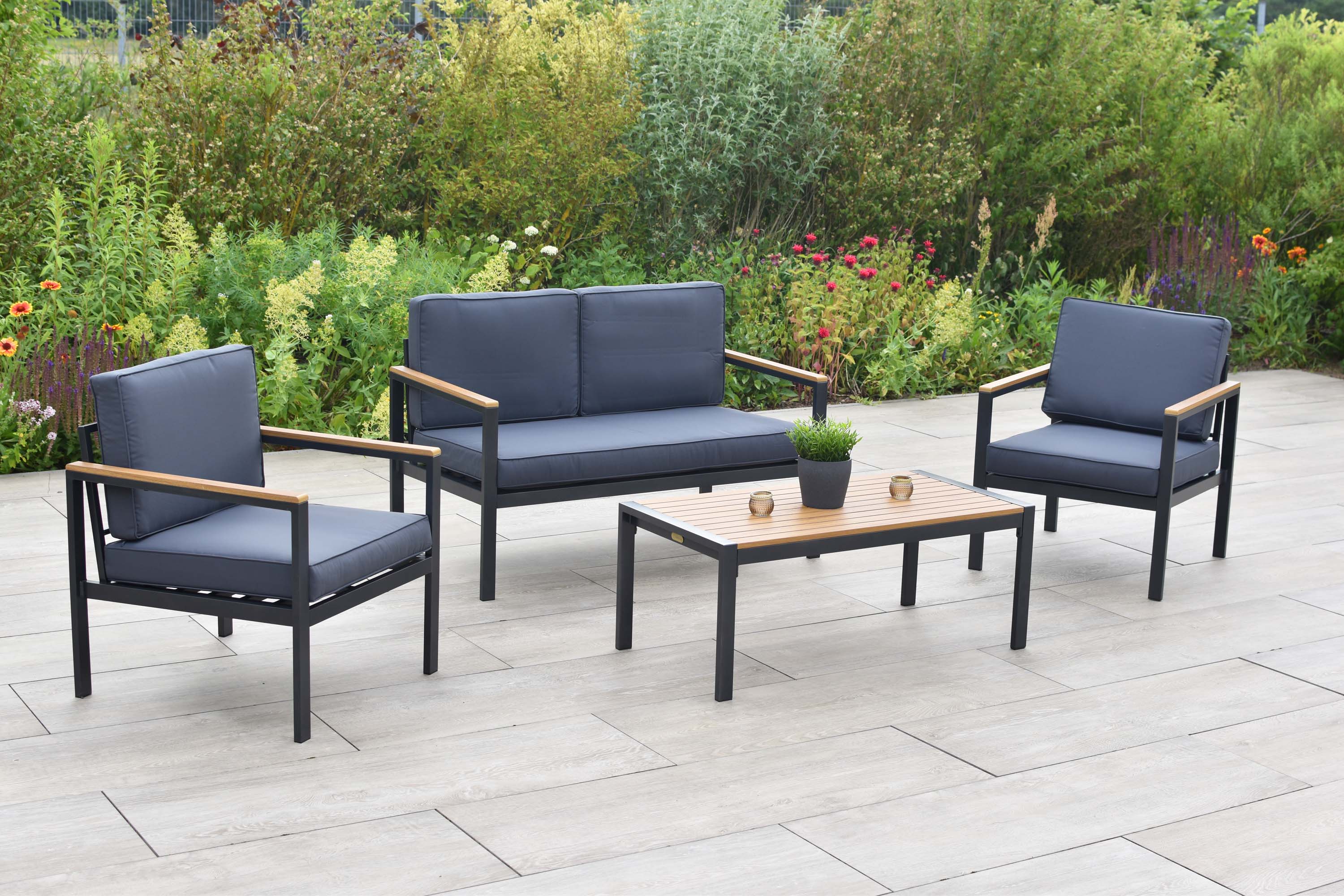 Kavos Set, 2 Sessel, 1 zweisitzige Bank, Tisch 100 x 50 cm, inkl. Sitz- und Rückenkissen Kavos Set, 2 Sessel, 1 zweisitzige Bank, Tisch 100 x 50 cm, inkl. Sitz- und Rückenkissen