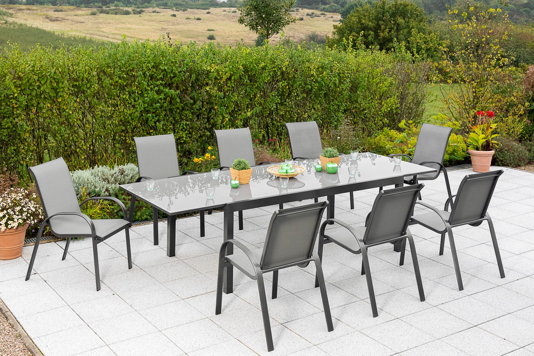 50326-309-2RMNcmb4JqkAxv Amalfi Set 9 tlg., 8 Stapelsessel, Ausziehtisch 200 (300) x 100 cm, grau
