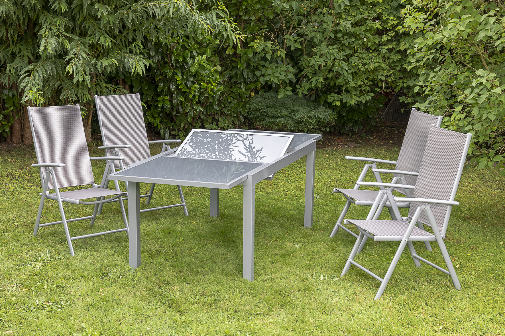 50349-330-2 Amalfi Set 5 tlg., 4 Klappsessel, Ausziehtisch 120 (180) x 90 cm, diamantbraun