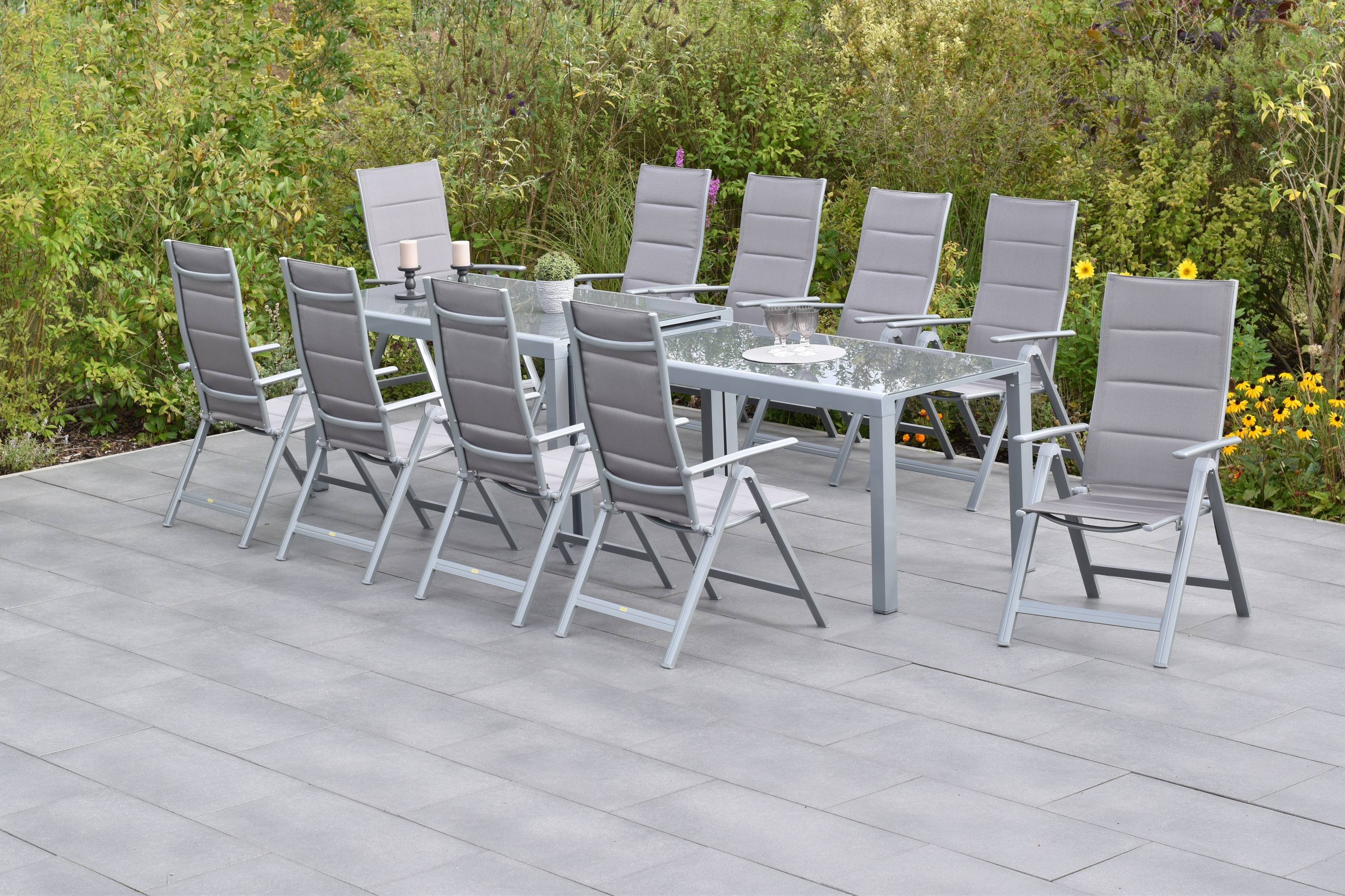 Taviano Set 11tlg., 10 Klappsessel, Ausziehtisch 160 (320) x 78 (75) cm, diamantbraun