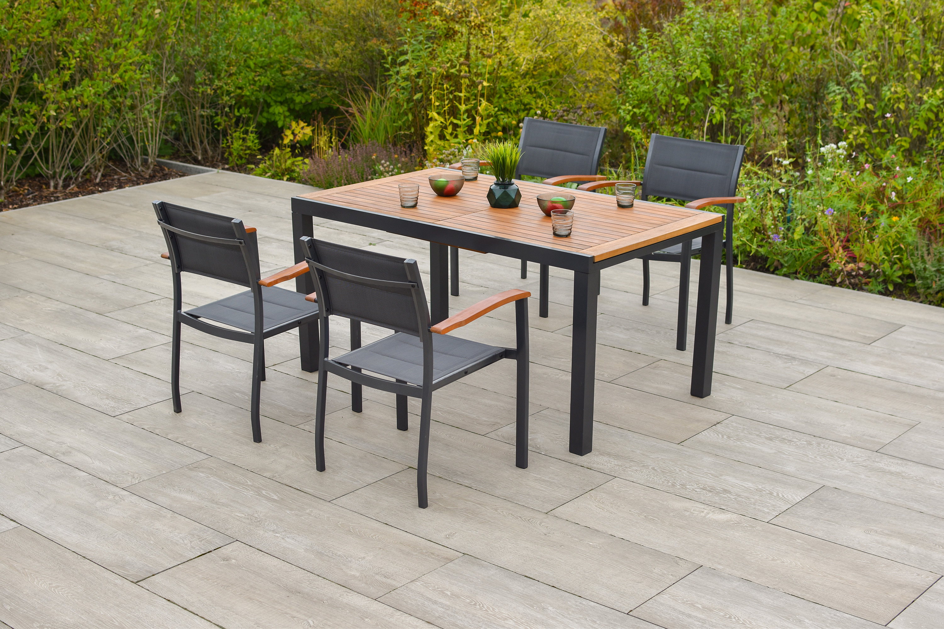 Paxos-Set-5tlg-4x-22010-307-21605-217-MX-HD Paxos Set 5tlg., 4 Stapelsessel, Ausziehtisch 150 (200) x 90 cm, graphit