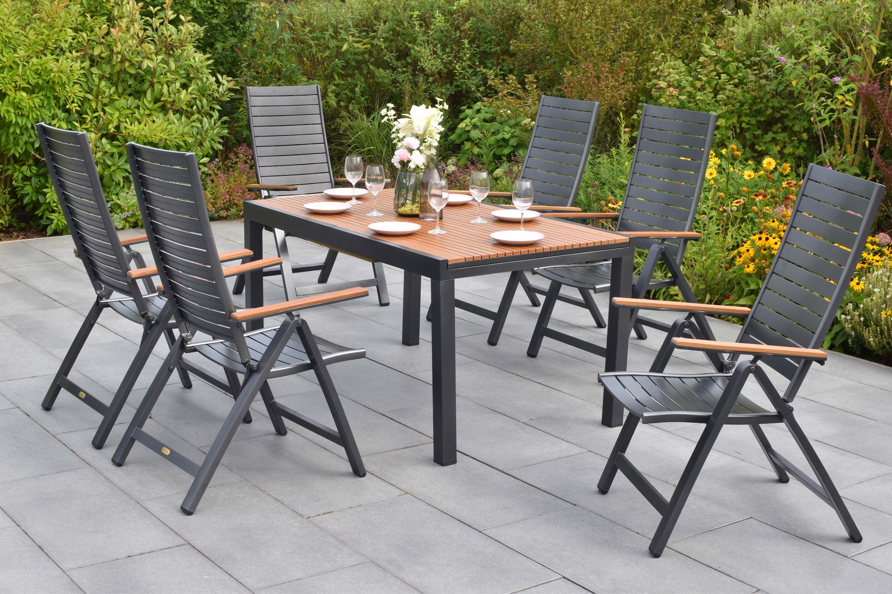 Astros Set 7tlg., 6 Klappsessel, Ausziehtisch, 150 (200) x 90 cm Astros Set 7tlg., 6 Klappsessel, Ausziehtisch, 150 (200) x 90 cm