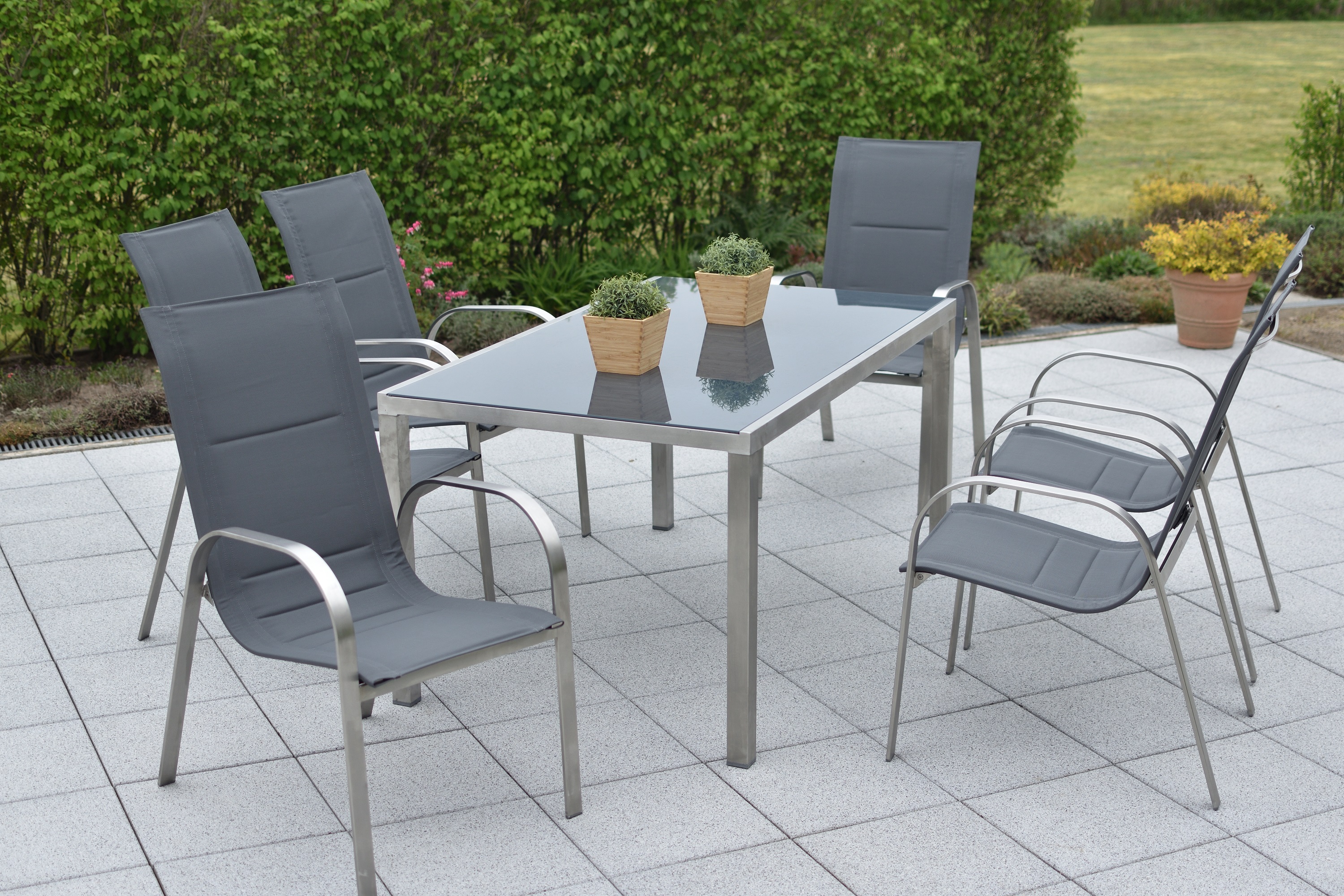 Lucca Set, 7tlg., 6 Stapelsessel, Tisch 150 x 90 cm Lucca Set, 7tlg., 6 Stapelsessel, Tisch 150 x 90 cm