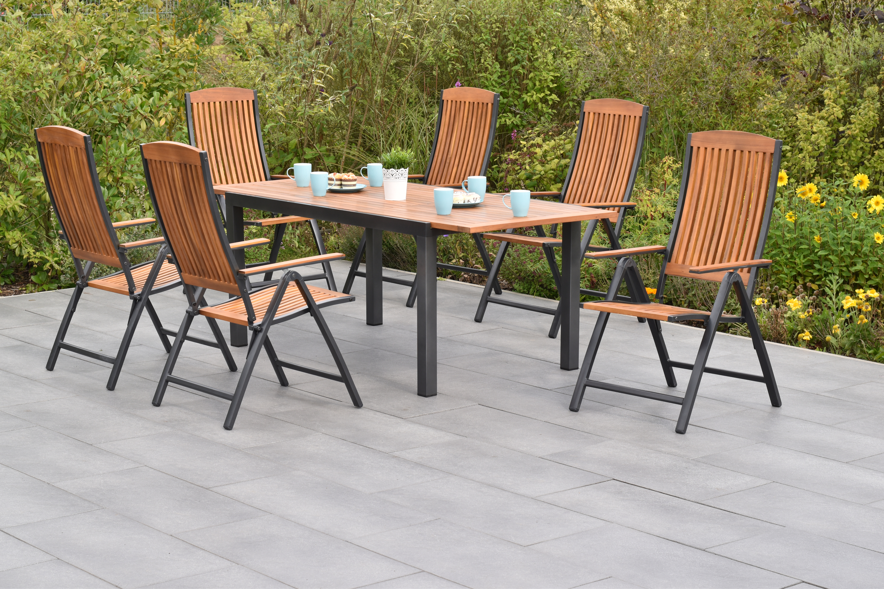 50835-217-2 Athos Set, 7tlg., 6 Klappsessel, Ausziehtisch 150/200 x 90 cm