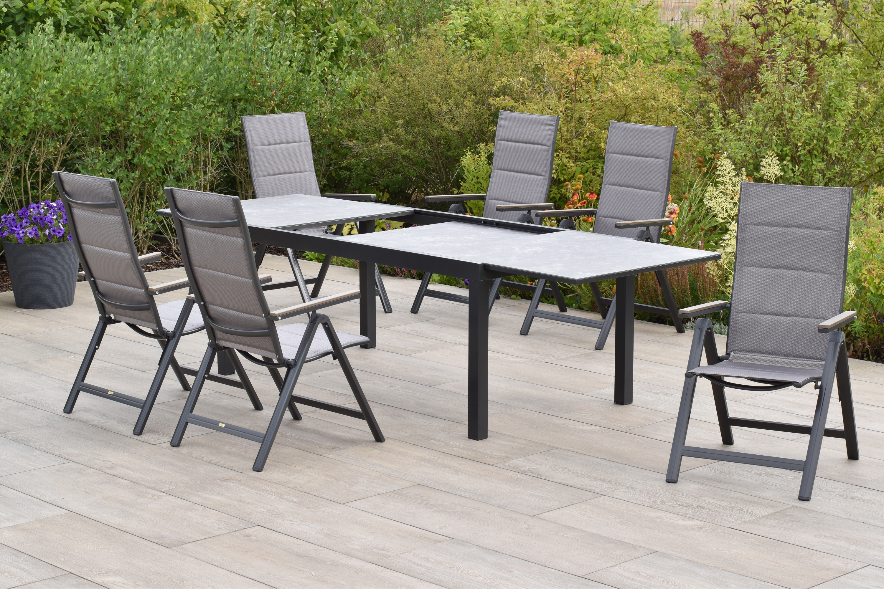 Trivero Set 7tlg., 6 Klappsessel, Ausziehtisch 180 (250) x 100 cm