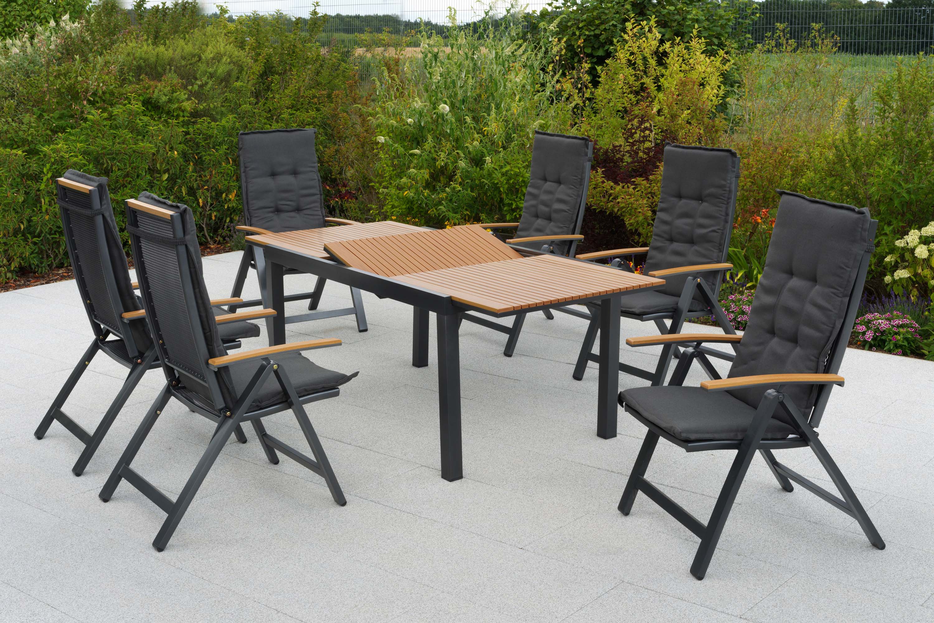 Itanos Set 13tlg., 6 Klappsessel, Ausziehtisch 150 (200) x 90 cm, inkl. Kissen Itanos Set 13tlg., 6 Klappsessel, Ausziehtisch 150 (200) x 90 cm, inkl. Kissen