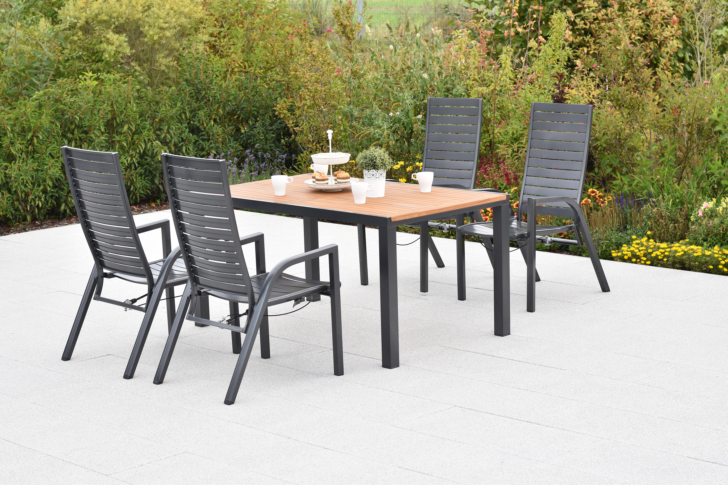 Siros Set, 5tlg., Tisch, 150 x 90 cm, Tischplatte aus Akazienholz Siros Set, 5tlg., Tisch, 150 x 90 cm, Tischplatte aus Akazienholz