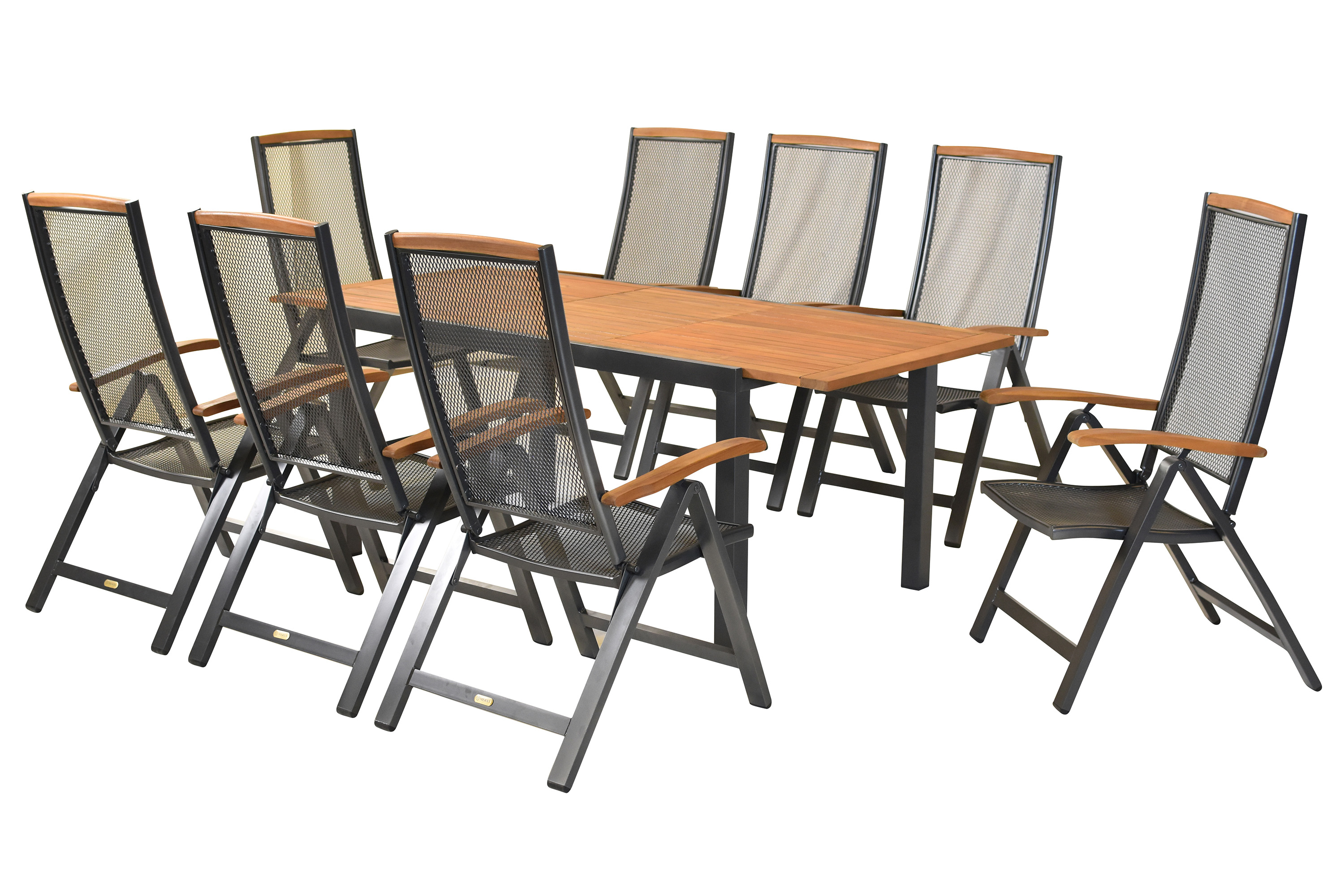 Tilos Set 9tlg., 8 Klappsessel, Ausziehtisch 150 (200) x 90 cm Tilos Set 9tlg., 8 Klappsessel, Ausziehtisch 150 (200) x 90 cm