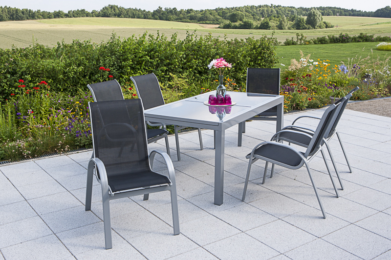 Amalfi Set 7tlg., 6 Stapelsessel, Auszietisch 140 (200) x 90 cm, schwarz