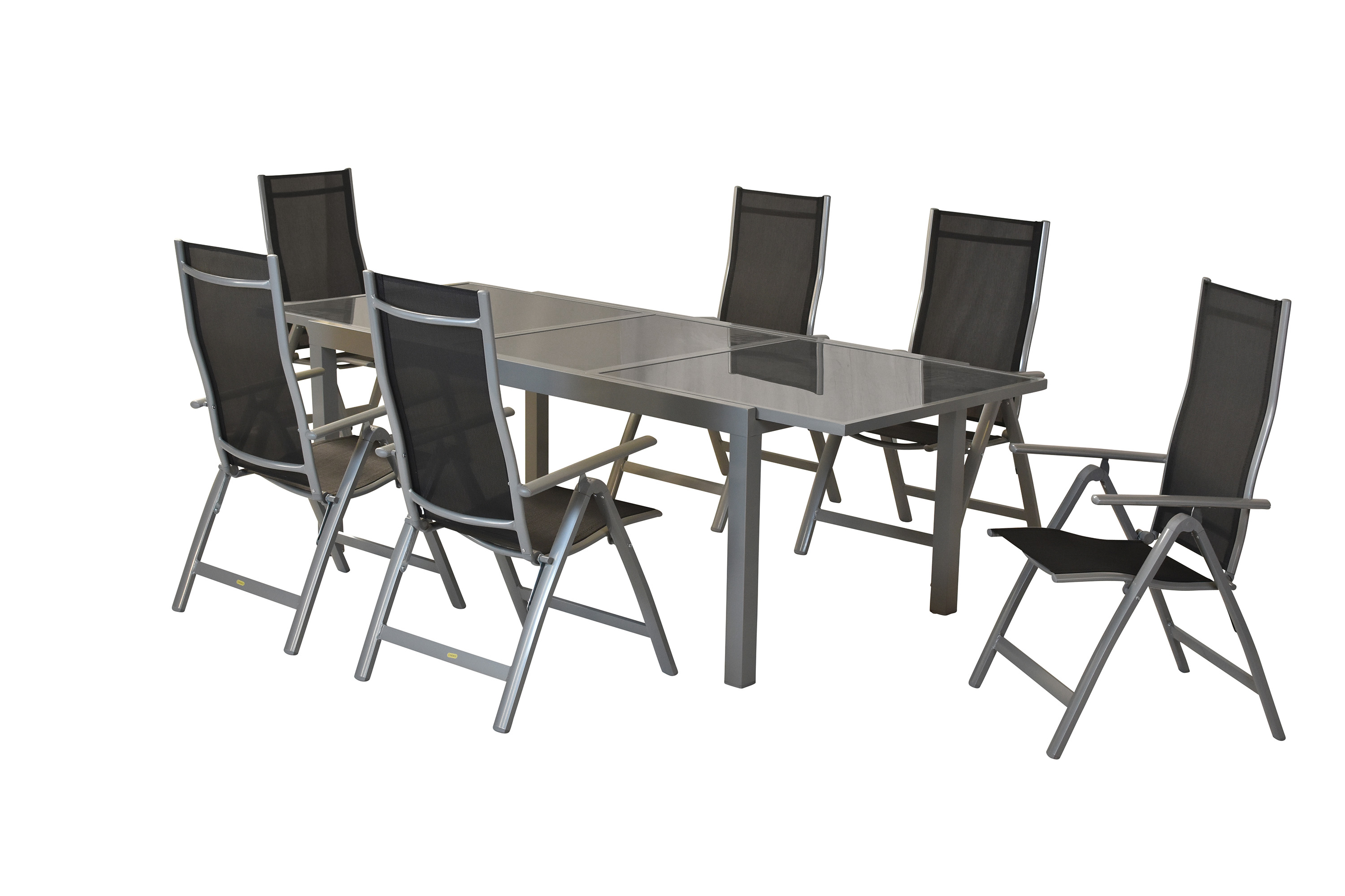 Carrara Set 7tlg., 6 Klappsessel, Ausziehtisch 160 (220) x 90 cm, schwarz