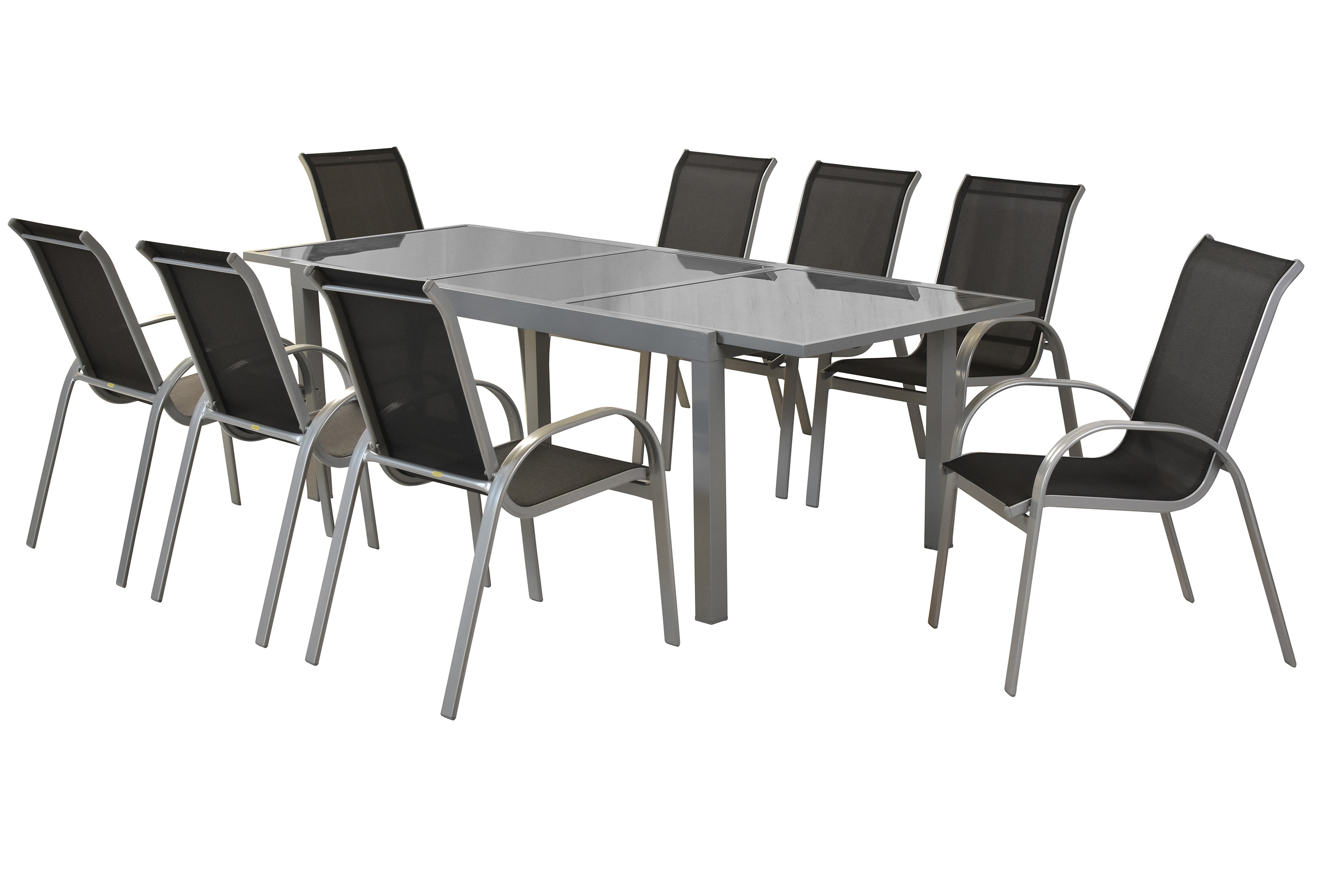 Amalfi Set 9tlg., 8 Stapelsessel, Ausziehtisch 160 (220) x 90 cm, schwarz 