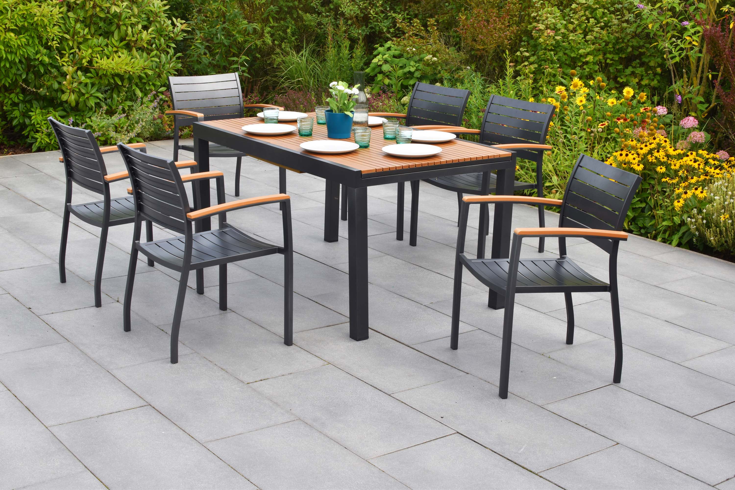 Astros Set 7tlg., 6 Stapelsessel, Ausziehtisch 150 (200) x 90 cm