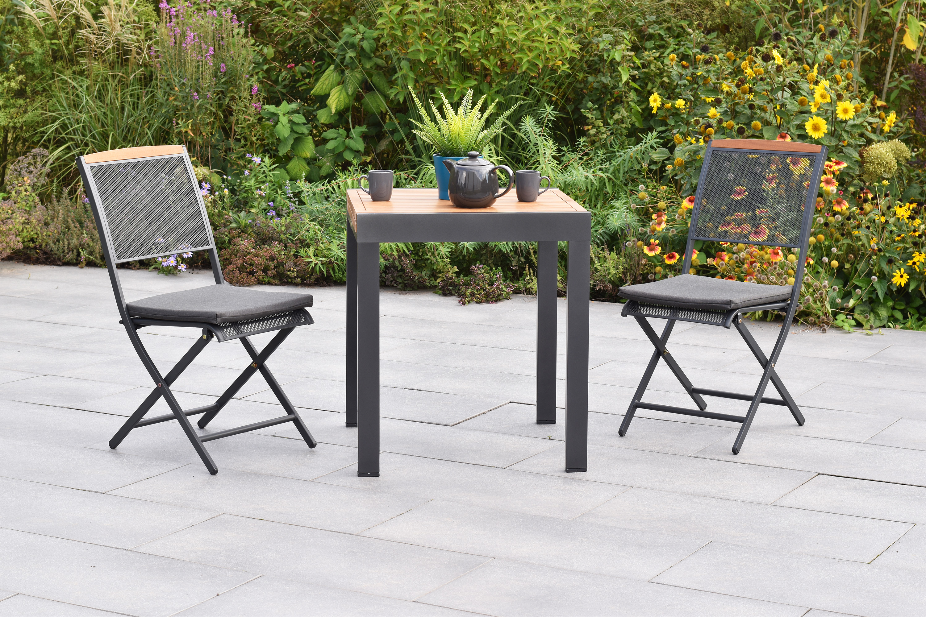 Patmos Set, 5tlg., Balkonausziehtisch, 65/130 x 65 cm, Tischplatte aus Akazienholz, inkl. Kissen, Patmos Set, 5tlg., Balkonausziehtisch, 65/130 x 65 cm, Tischplatte aus Akazienholz, inkl. Kissen,