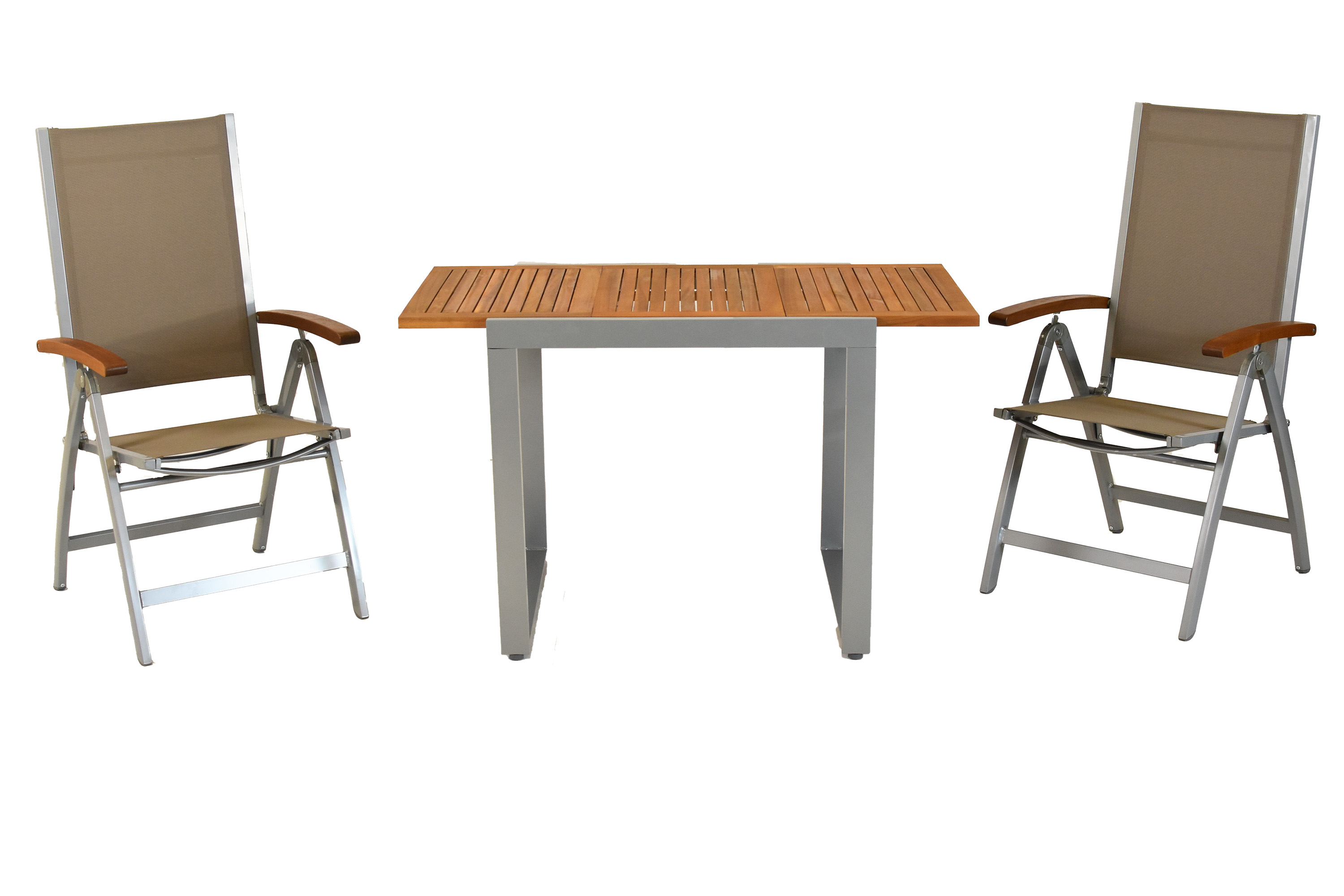 Naxos Set 3tlg., 2 Klappsessel, Balkonausziehtisch 80 (120) x 70 cm, silber