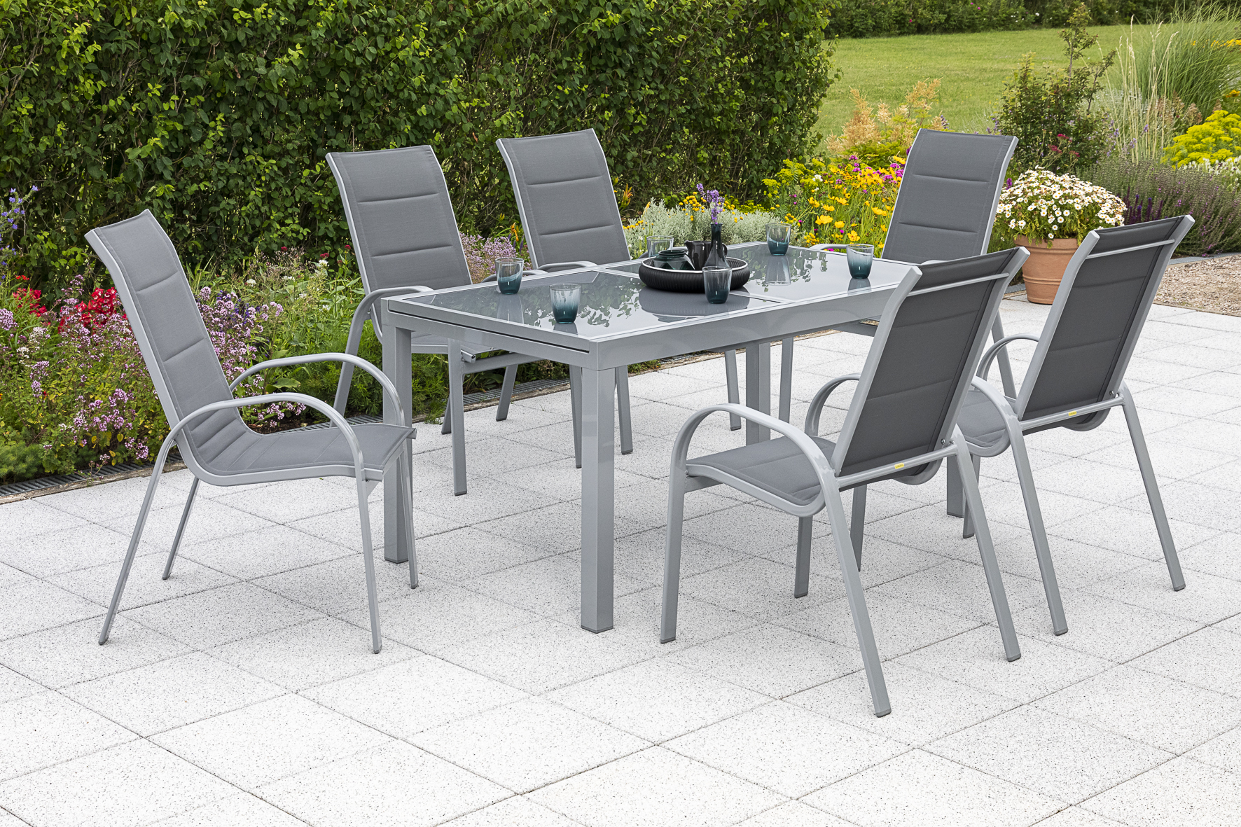 50355-309-3 Amalfi Set 7 tlg., 6 Stapelsessel, Ausziehtisch 140 (200) x 90 cm, grau