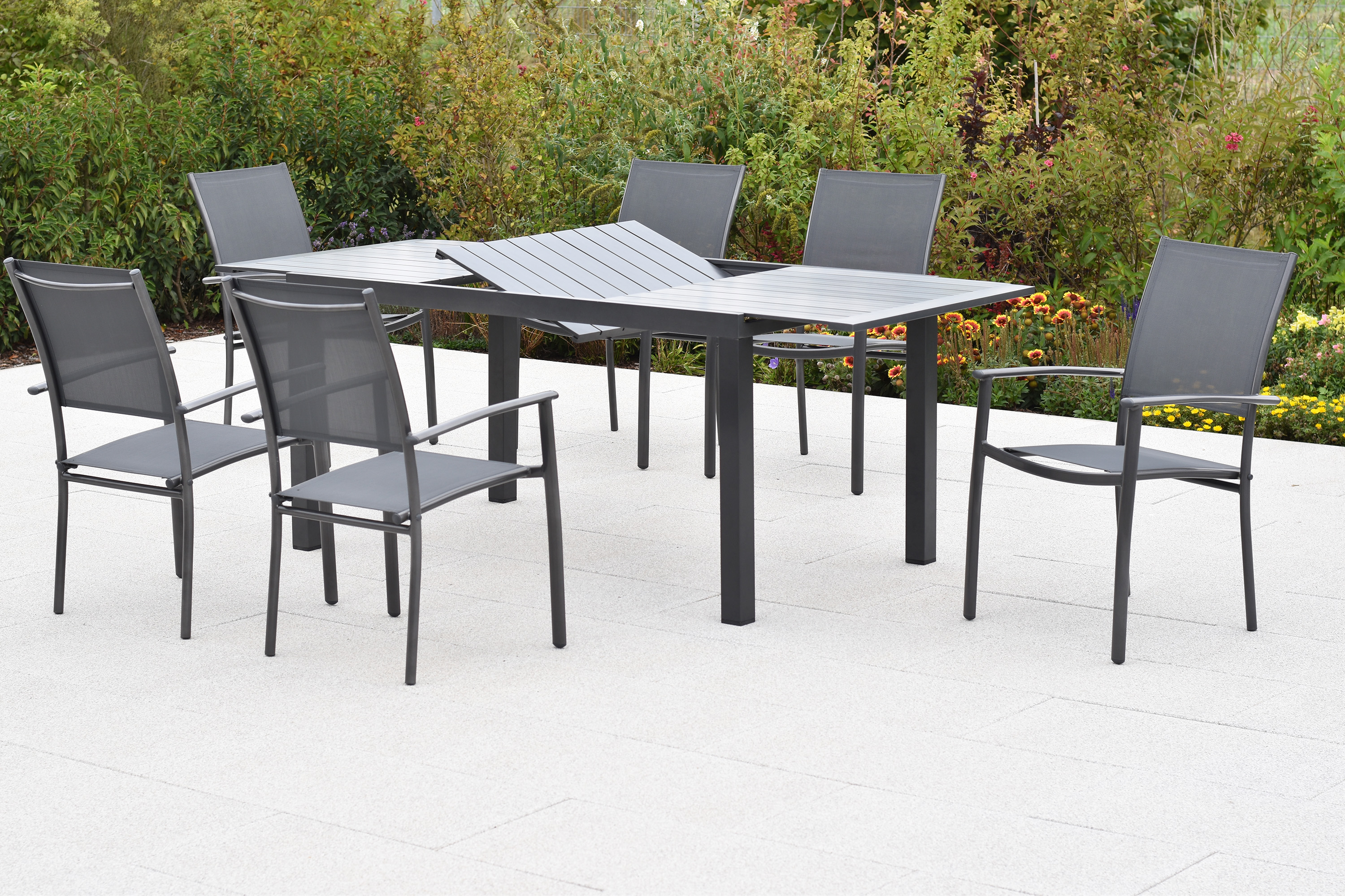 Milano Set 7tlg., 6 Stapelsessel, Ausziehtisch, 150 (200) x 90 cm