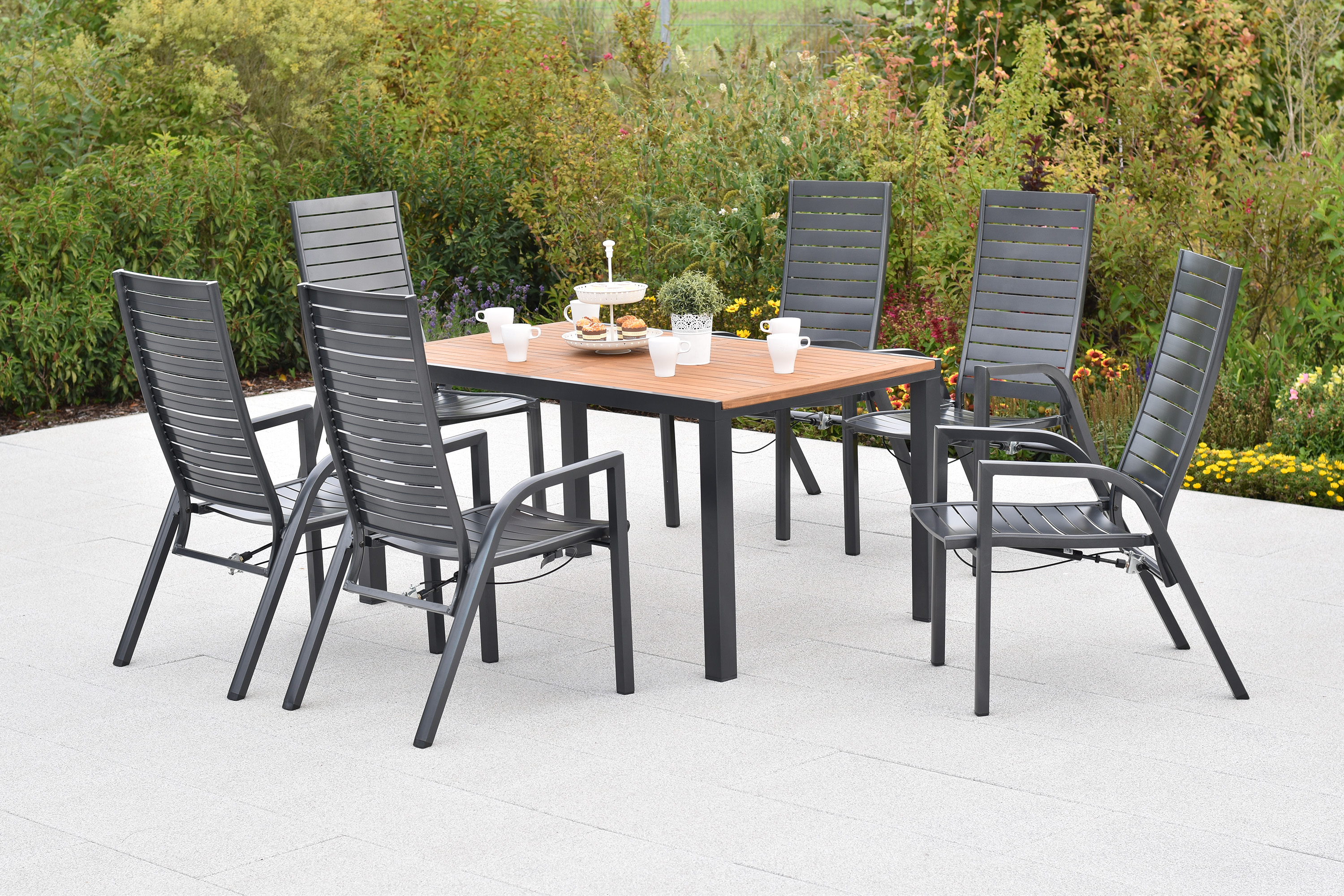 Siros Set, 7tlg., Tisch, 150 x 90 cm, Tischplatte aus Akazienholz Siros Set, 7tlg., Tisch, 150 x 90 cm, Tischplatte aus Akazienholz