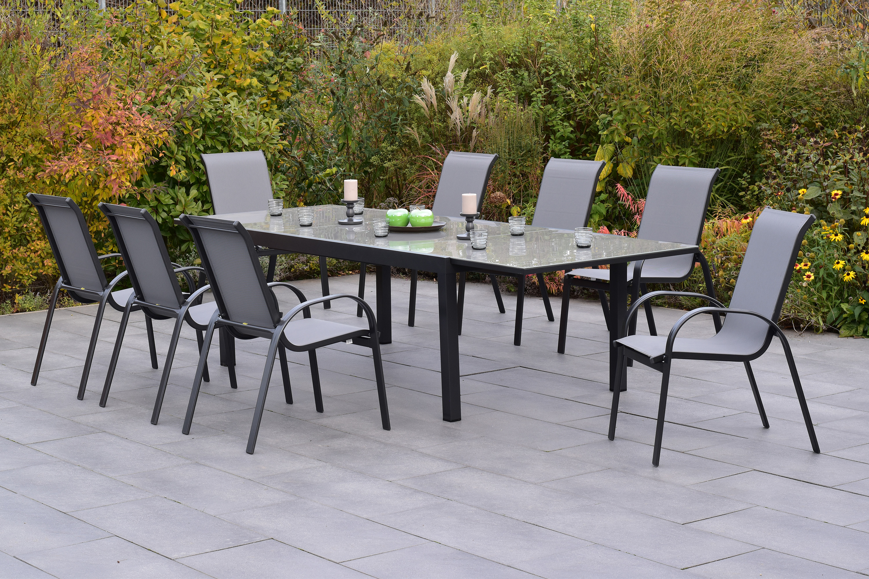 Amalfi Set 9 tlg., 8 Stapelsessel, Ausziehtisch 200 (300) x 100 cm, grau