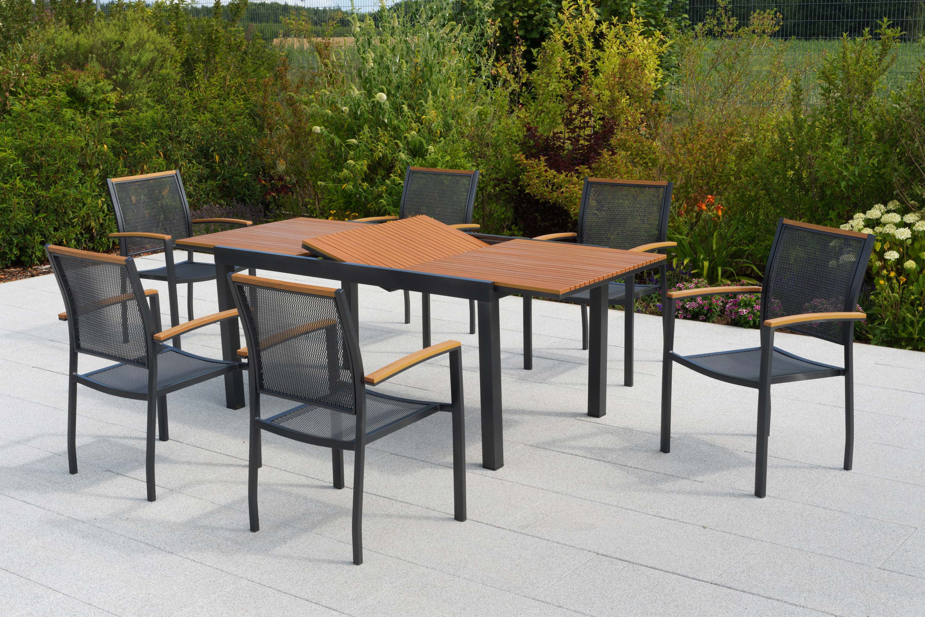 Itanos Set 7tlg., 6 Stapelsessel, Ausziehtisch 150 (200) x 90 cm Itanos Set 7tlg., 6 Stapelsessel, Ausziehtisch 150 (200) x 90 cm