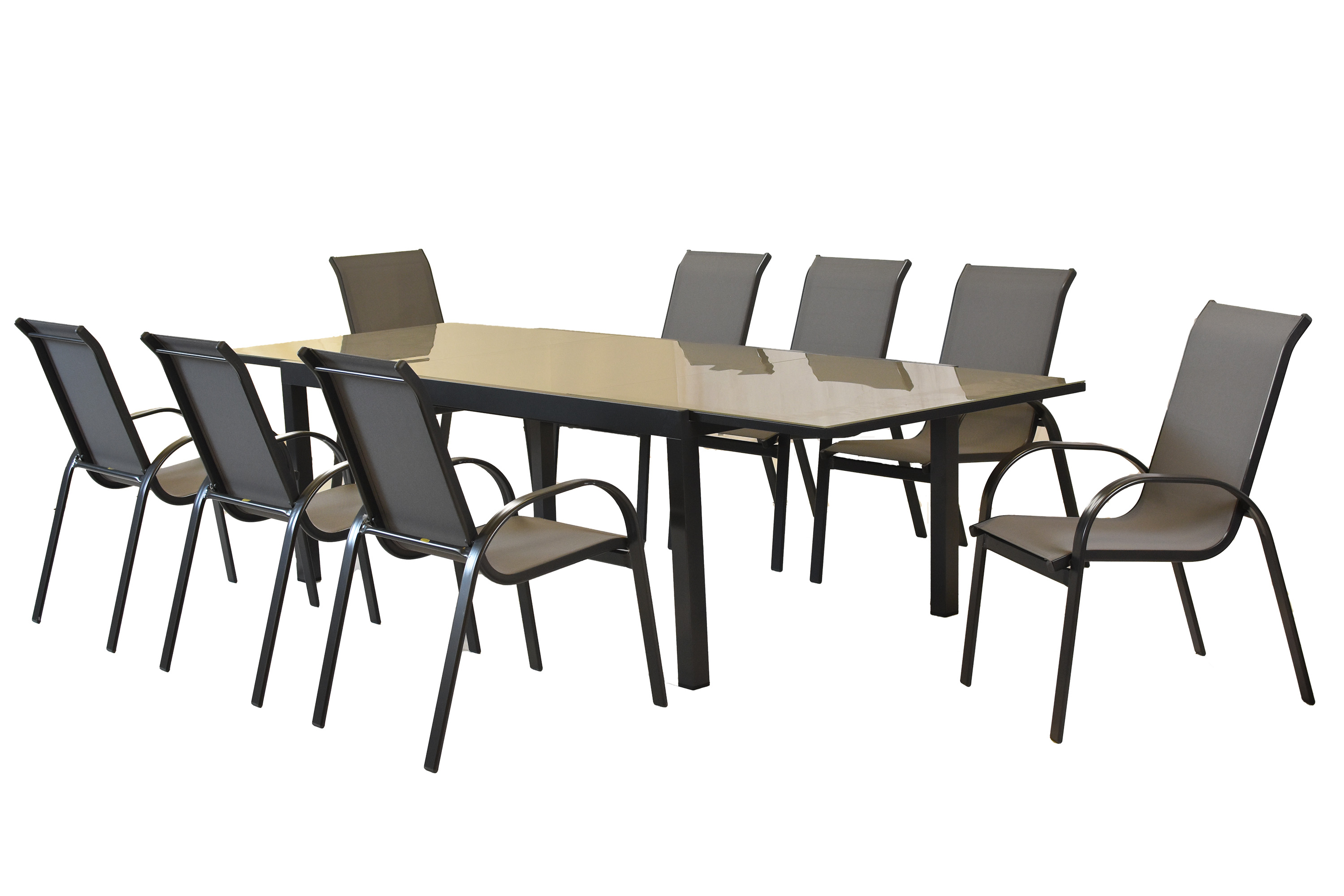 Amalfi Set 9 tlg., 8 Stapelsessel, Ausziehtisch 200 (300) x 100 cm, grau