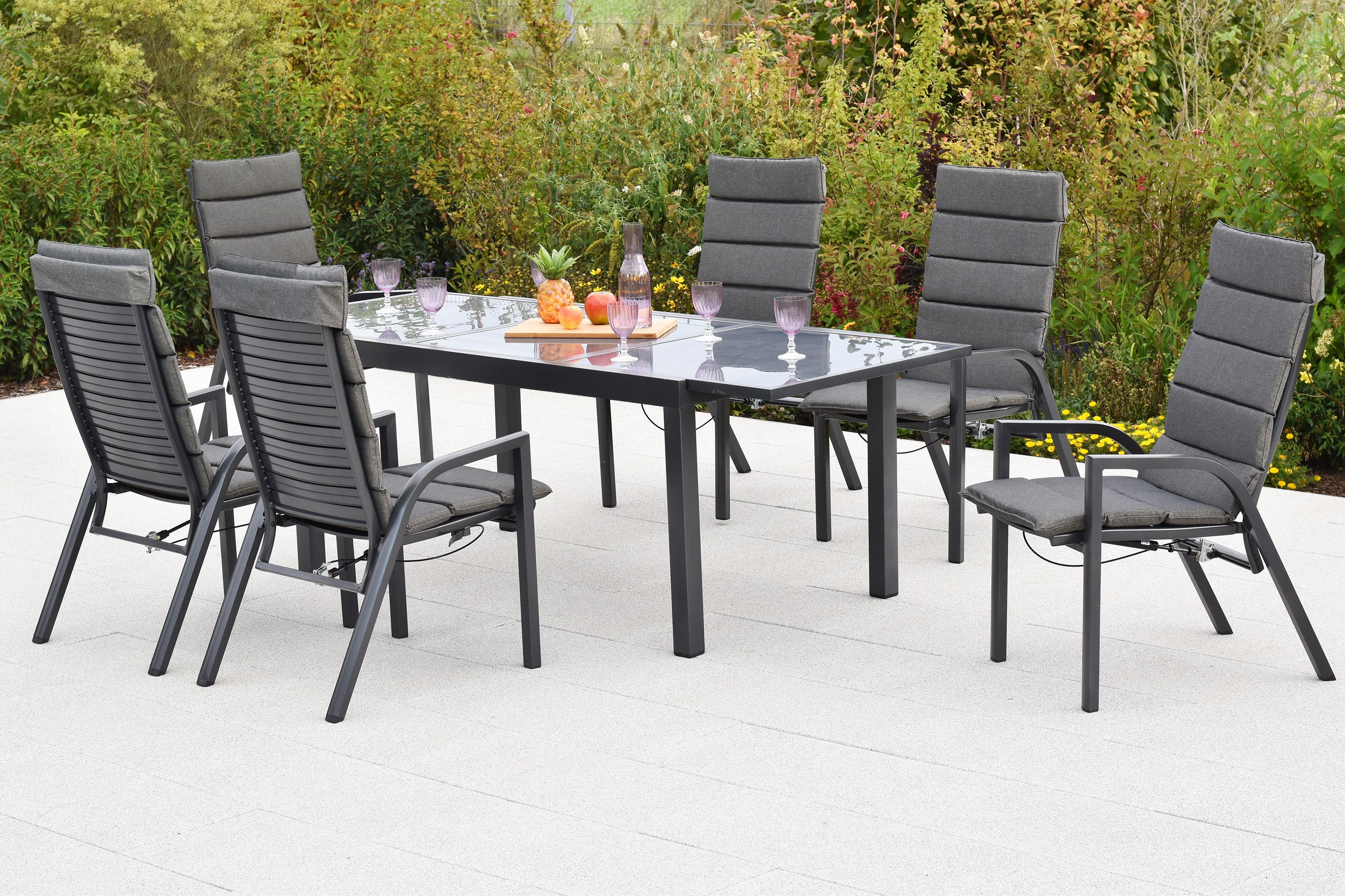 Siros Set, 13tlg., Ausziehtisch, 150/210 x 90 cm, graue Glasplatte, inkl. Kissen Siros Set, 13tlg., Ausziehtisch, 150/210 x 90 cm, graue Glasplatte, inkl. Kissen