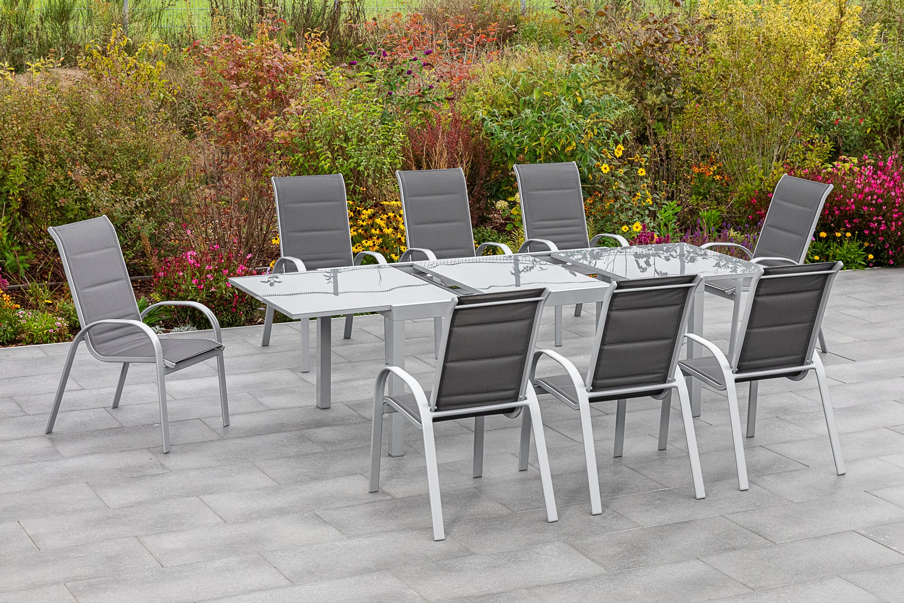 50329-307-2pIRIebcMw0WqP Amaro Set, 9 tlg., 8 Stapelsessel, Ausziehtisch 200/300 x 100 cm, anthrazit