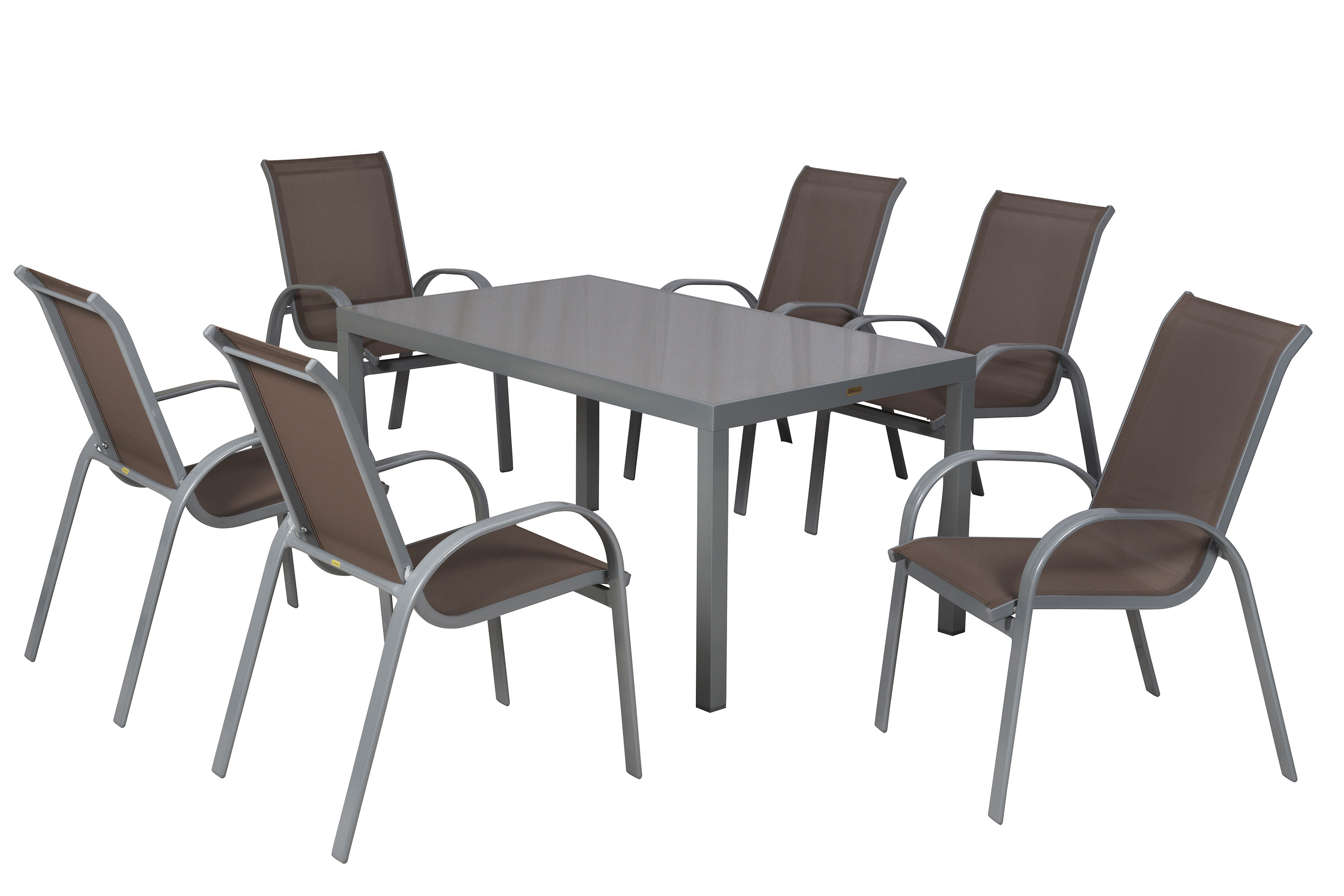 Amalfi Set 7tlg., 6 Stapelsessel, Tisch 150 x 90 cm, taupe Amalfi Set 7tlg., 6 Stapelsessel, Tisch 150 x 90 cm, taupe