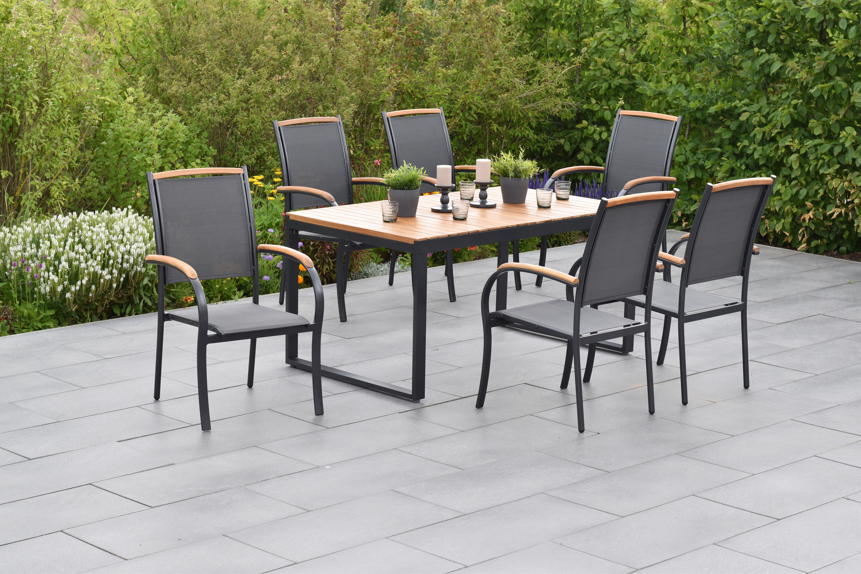 50845-309-1 Siena Set, 7tlg., 6 Stapelsessel, Ausziehtisch 150/200 x 90 cm, graphit