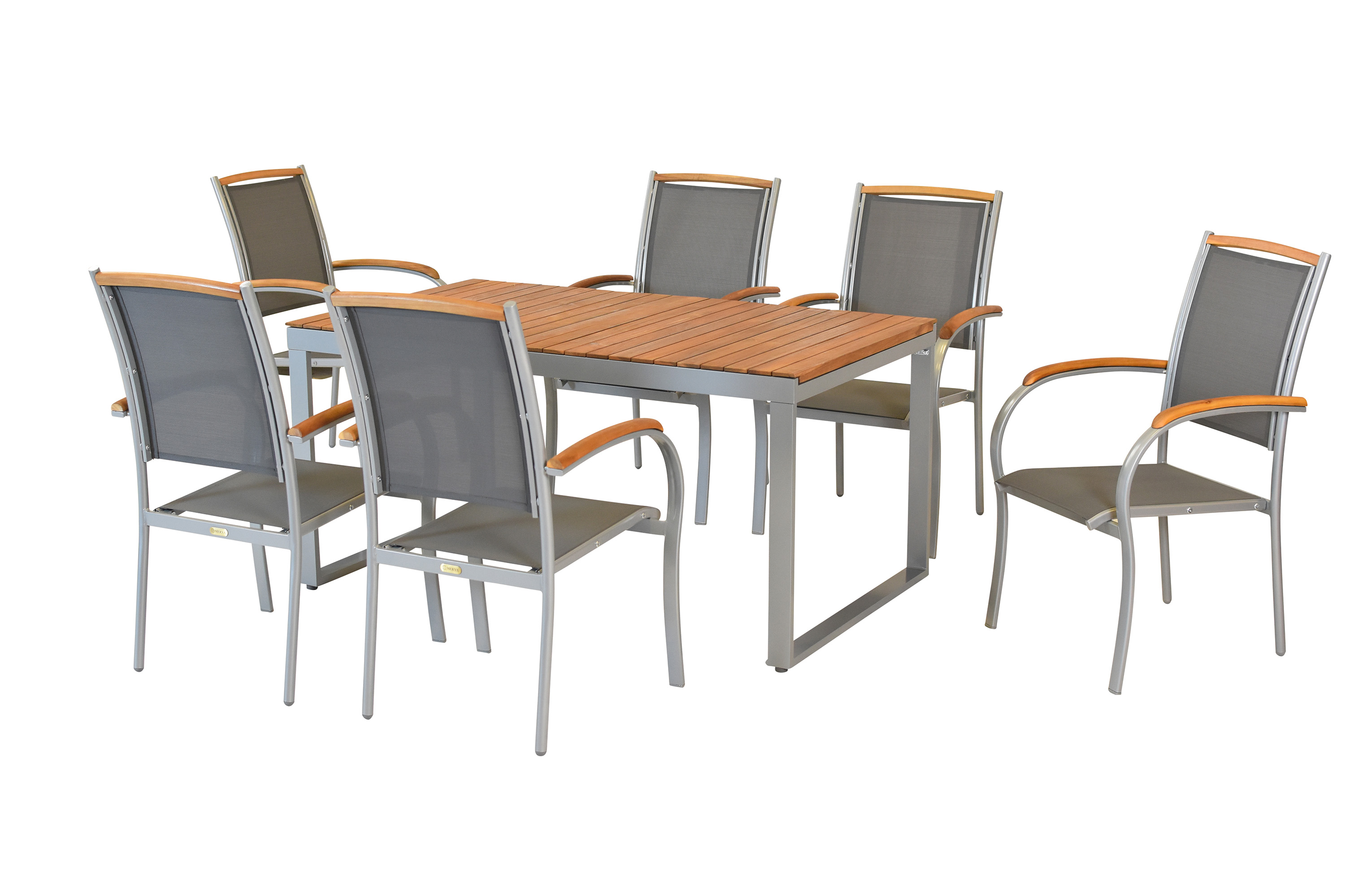 Siena Set 7tlg., 6 Stapelsessel, Ausziehtisch 150 (200) x 90 cm, silber
