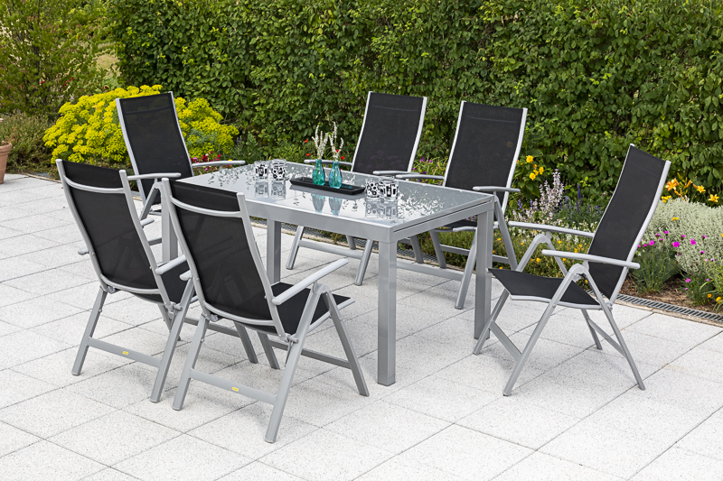 Carrara Set, 7tlg., 6 Klappsessel, Ausziehtisch 150/220 x 90 cm, schwarz