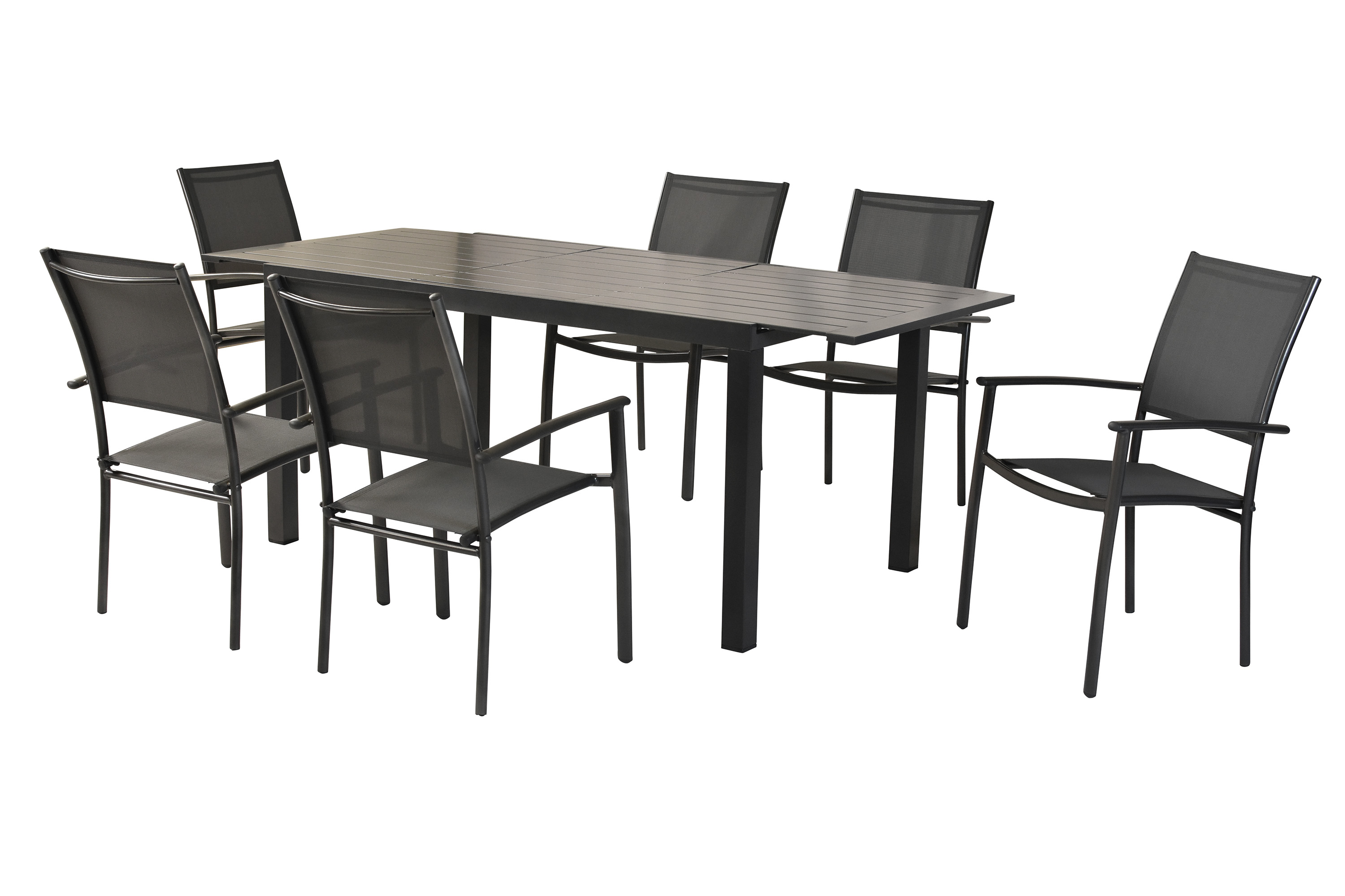 Milano Set 7tlg., 6 Stapelsessel, Ausziehtisch, 150 (200) x 90 cm