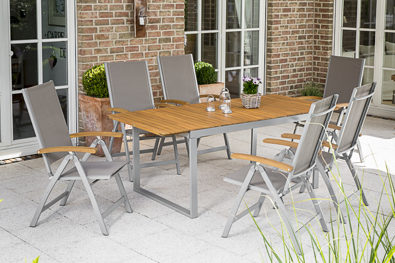 Naxos-Set-7tlg-6x-22005-309-22004-219-NB-5 Naxos Set 7tlg., 6 Klappsessel, Ausziehtisch 150 (200) x 90 cm, silber