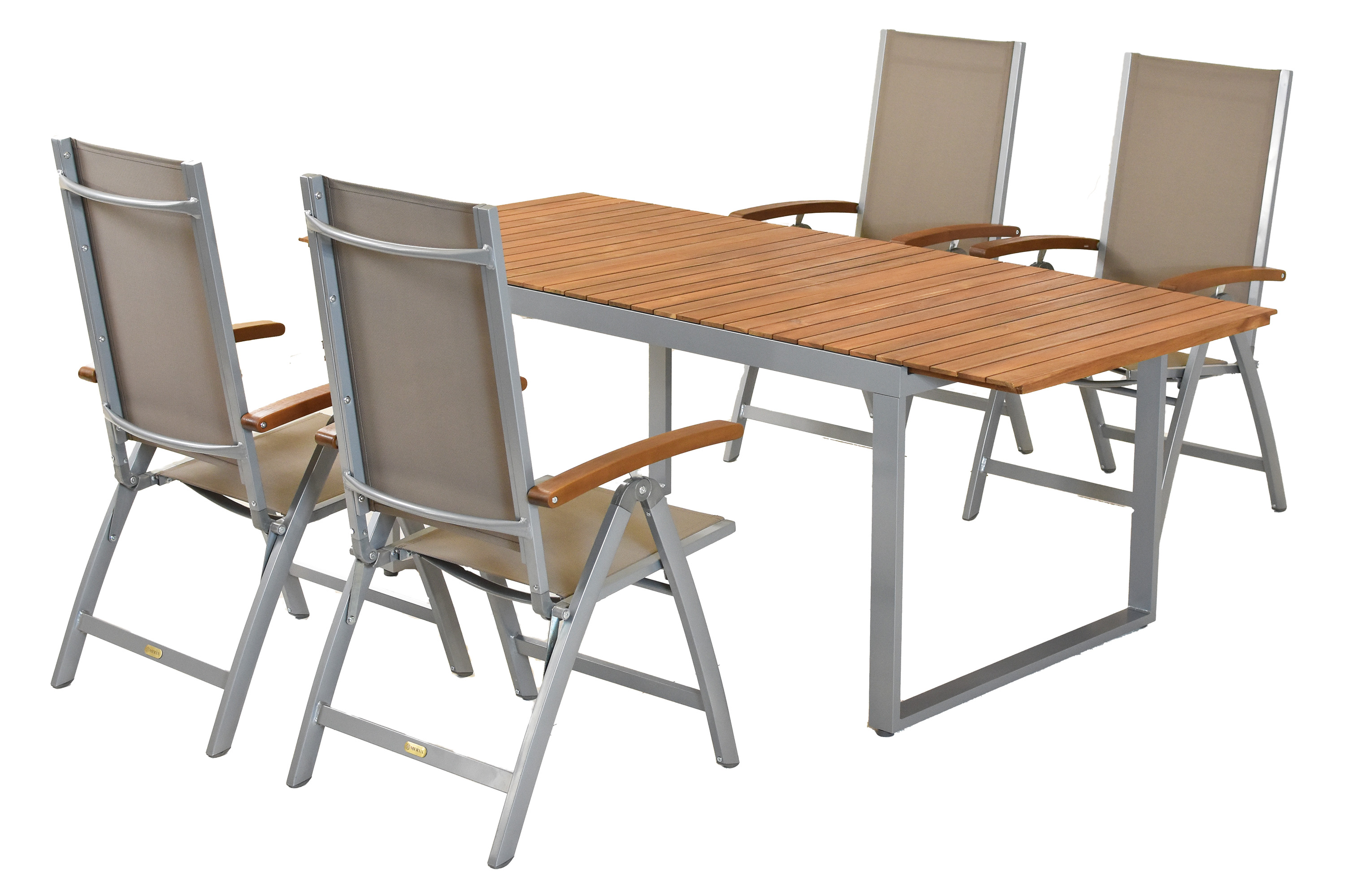 Naxos Set 5tlg., 4 Klappsessel, Ausziehtisch 150 (200) x 90 cm, silber