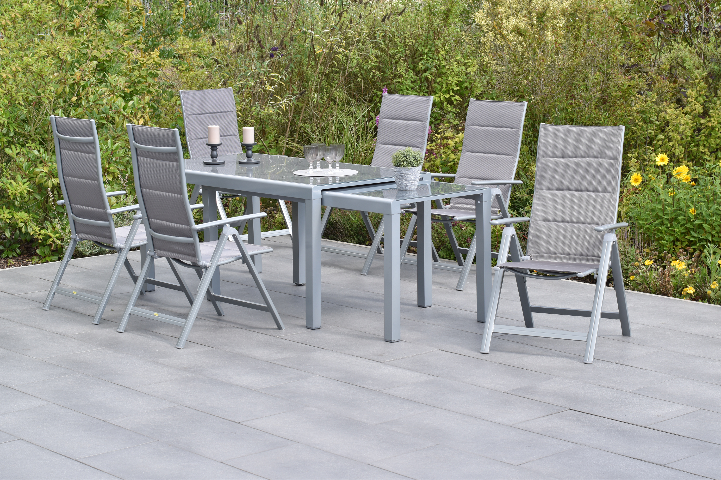 Taviano Set, 7tlg., 6 Klappsessel, Ausziehtisch 160/320 x 78/75 cm, diamantbraun Taviano Set, 7tlg., 6 Klappsessel, Ausziehtisch 160/320 x 78/75 cm, diamantbraun