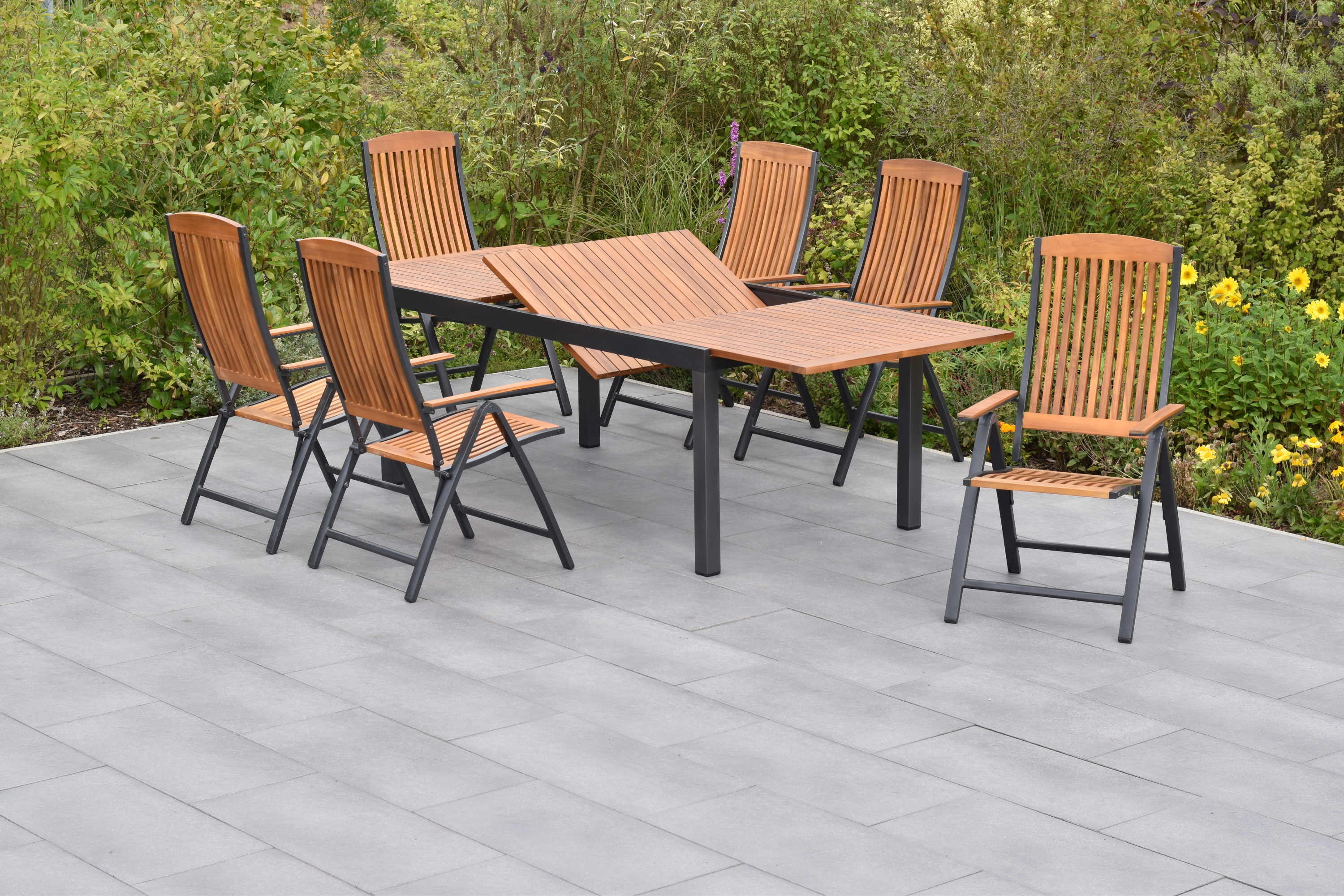 50837-217-3 Athos Set, 7tlg., 6 Klappsessel, Ausziehtisch 180/250 x 100 cm