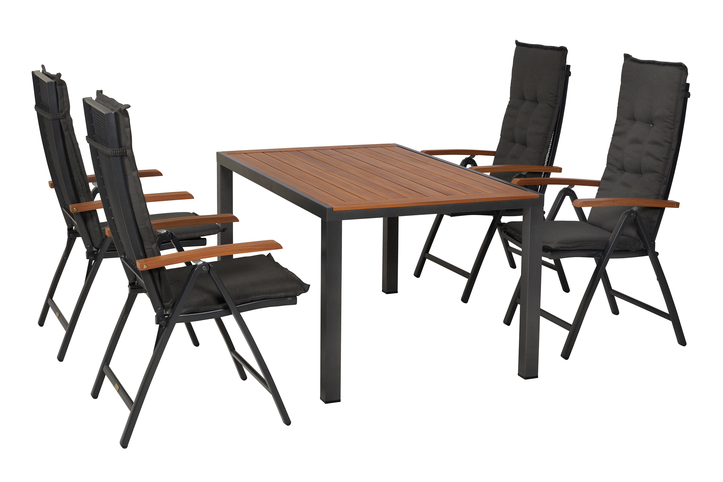 Thasos Set 9tlg. 4 Klappsessel, Tisch 150 x 90 cm, folierte Tischplatte in Holzoptik, inkl. Kissen