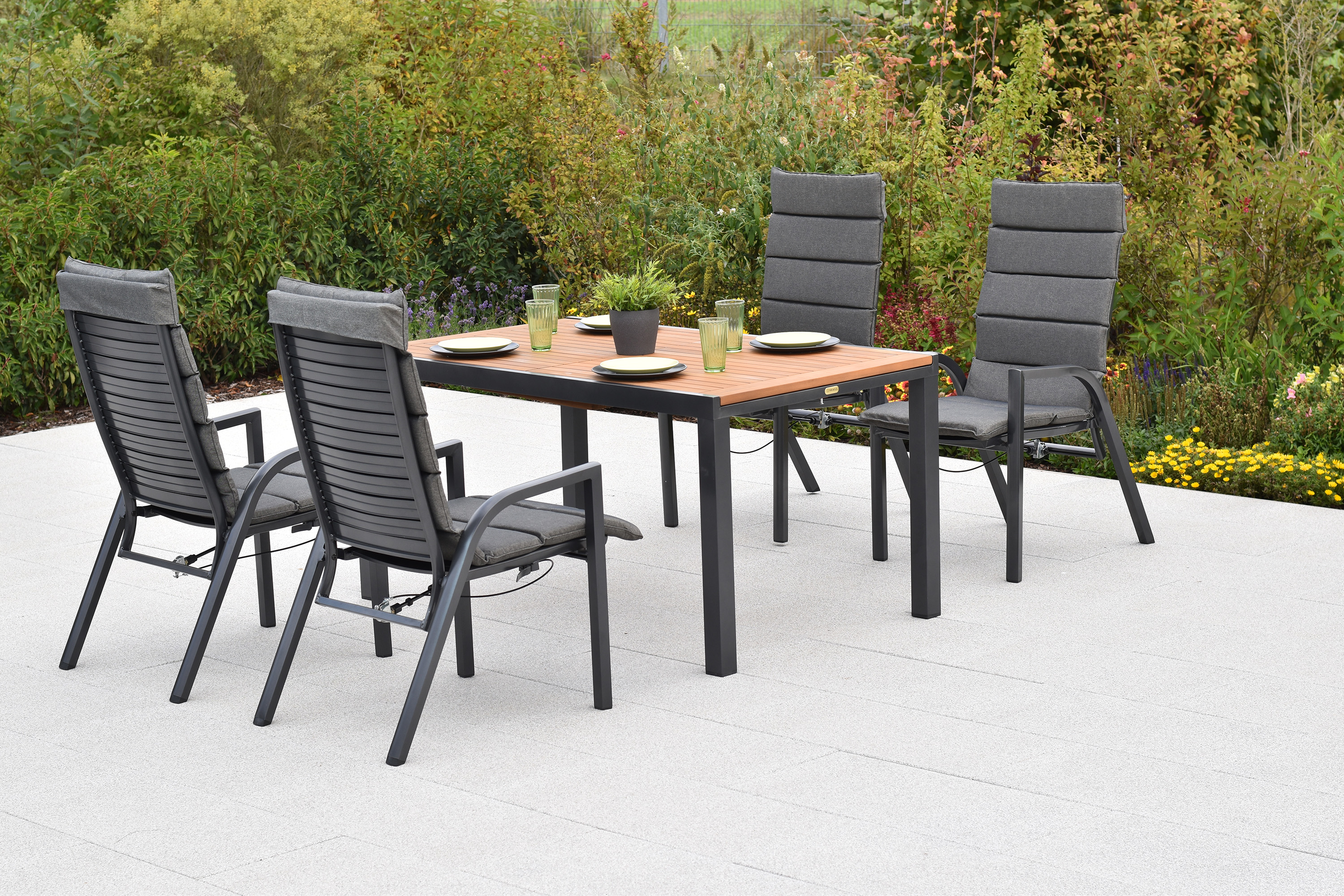 Siros Set, 9tlg., Ausziehtisch, 150/200 x 90 cm, Tischplatte aus Akazienholz, inkl. Kissen