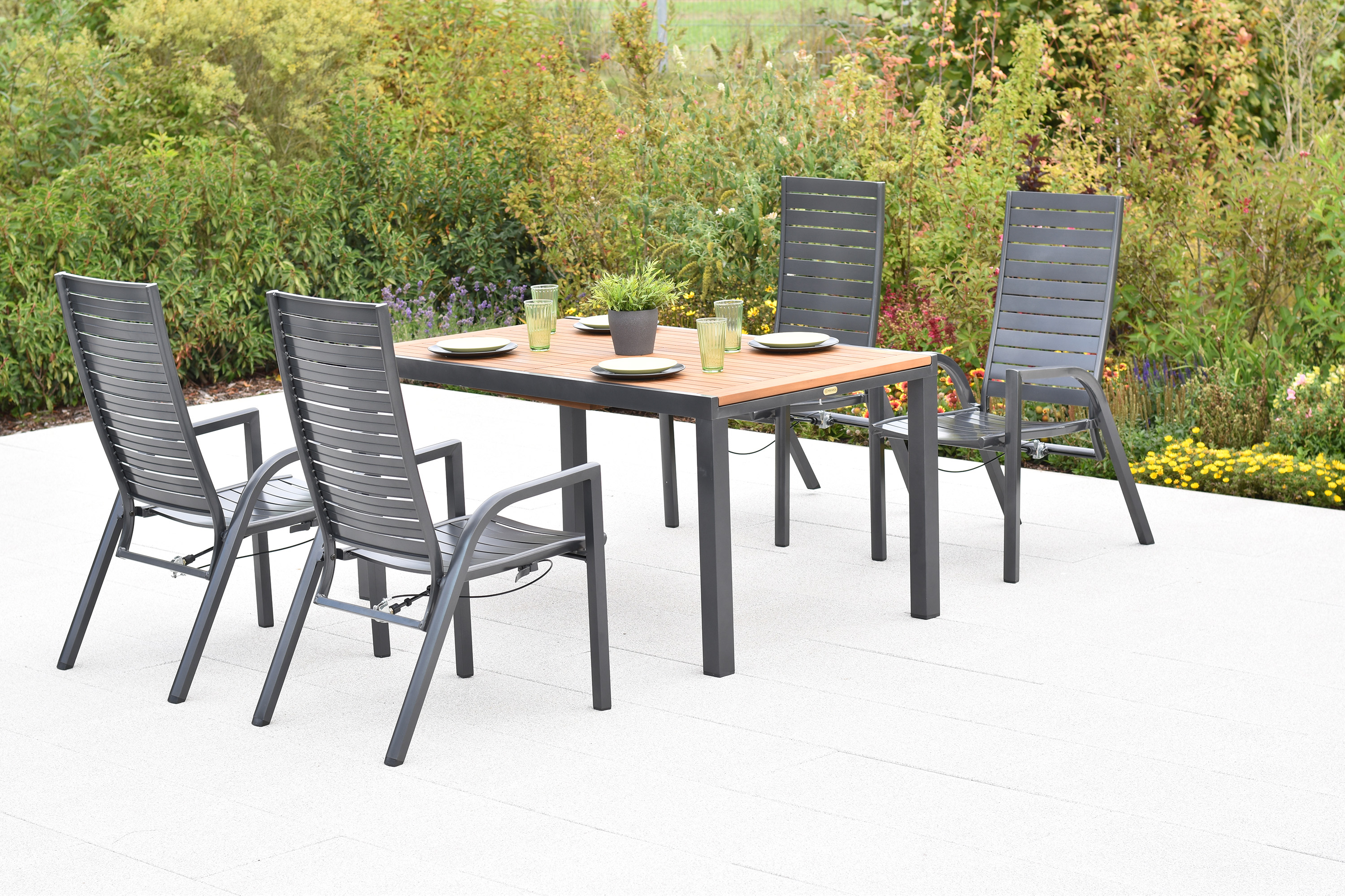Siros Set, 5tlg., Ausziehtisch, 150/200 x 90 cm, Tischplatte aus Akazienholz Siros Set, 5tlg., Ausziehtisch, 150/200 x 90 cm, Tischplatte aus Akazienholz