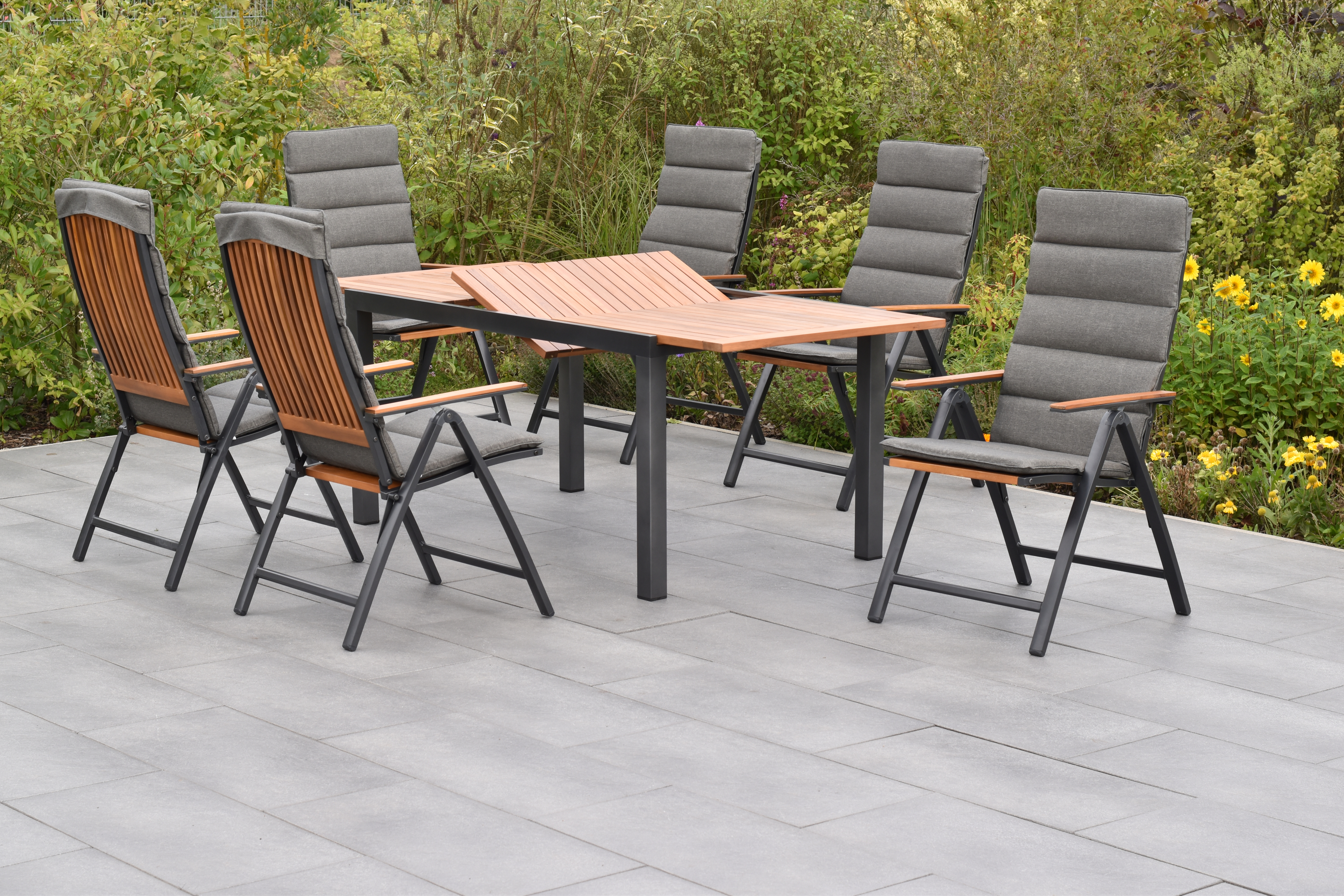 50835-800-3 Athos Set, 13tlg., 6 Klappsessel, Ausziehtisch 150/200 x 90 cm, inkl. Kissen