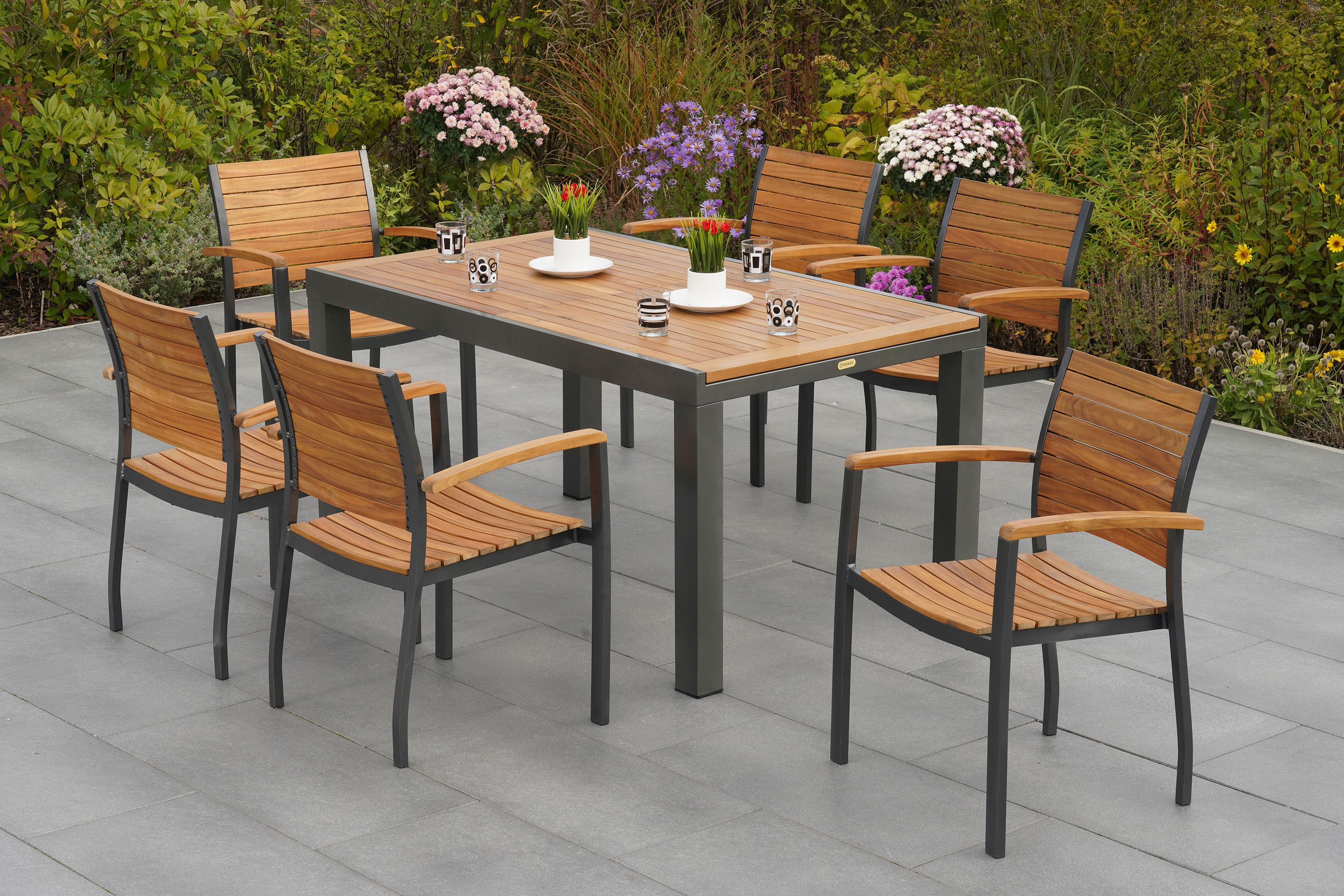 Santorin Set 7tlg., 6 Stapelsessel, Ausziehtisch 150 (200) x 90 cm