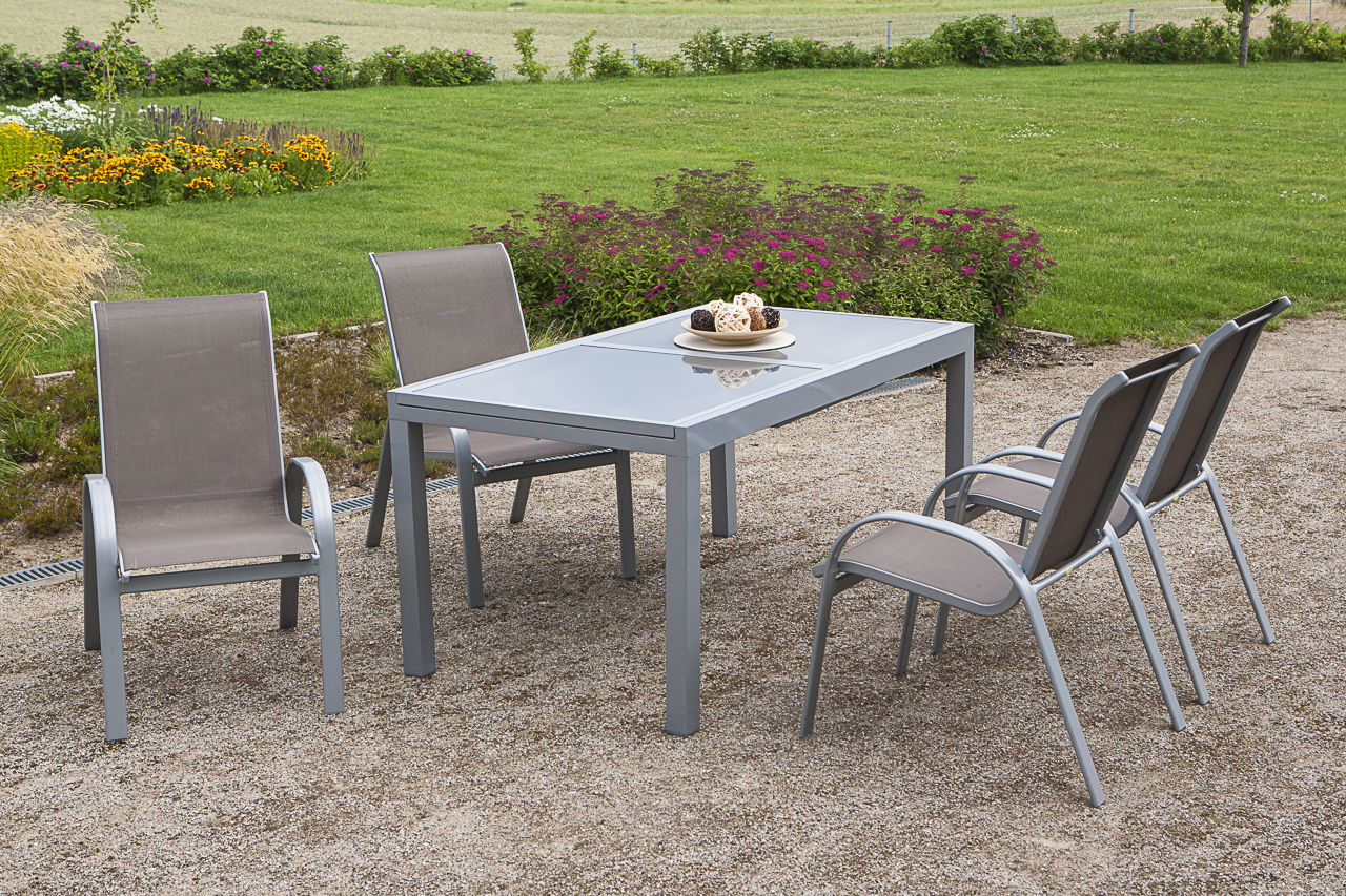 Amalfi Set 5tlg., 4 Stapelsessel, Ausziehtisch 140 (200) x 90 cm, taupe Amalfi Set 5tlg., 4 Stapelsessel, Ausziehtisch 140 (200) x 90 cm, taupe