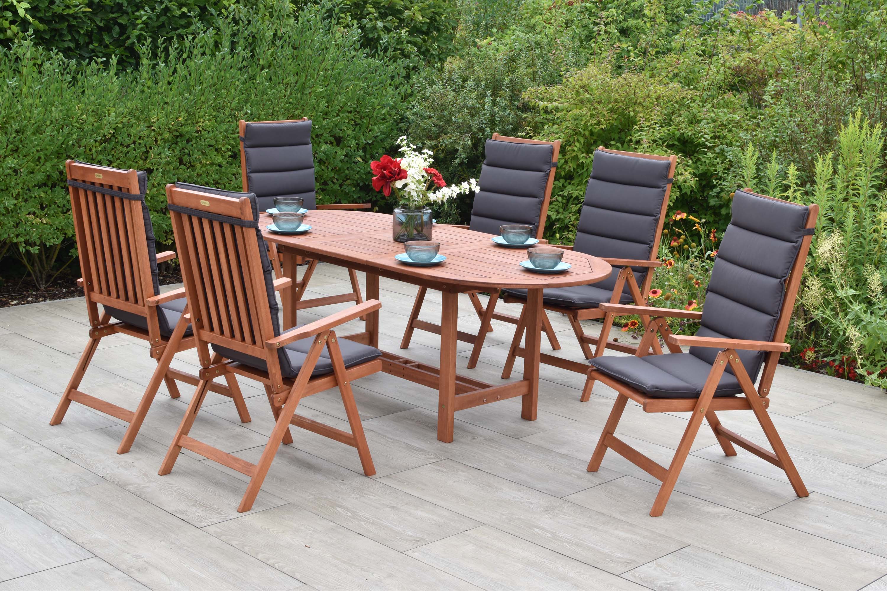 Vitoria Set 13tlg., 6 Klappsessel, Ausziehtisch 160/210 x 90 cm, inkl. Kissen