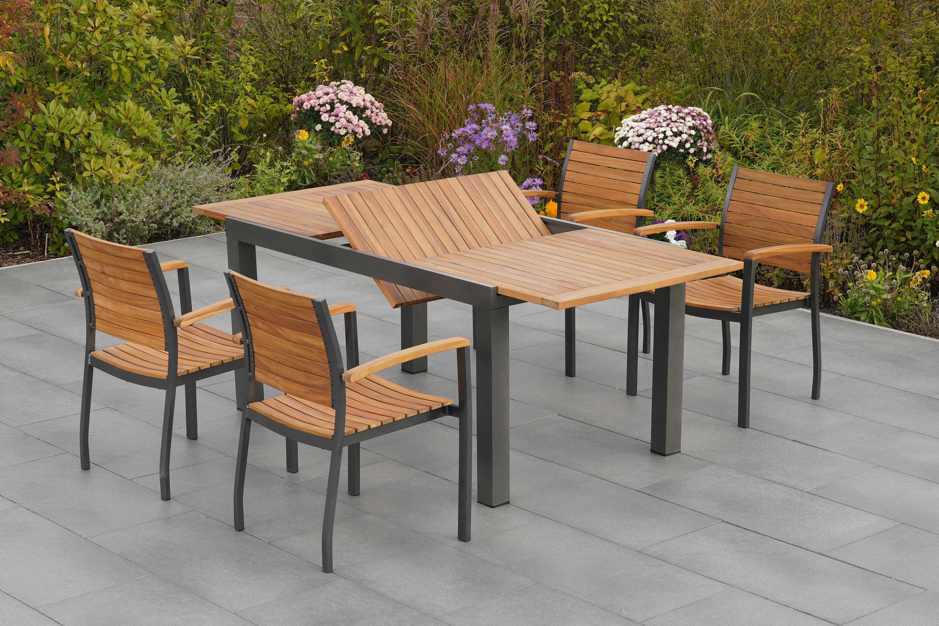 Santorin-Set-5tlg-4x-22021-209-22024-209-SS-HD-2 Santorin Set 5tlg., 4 Stapelsessel, Ausziehtisch 150 (200) x 90 cm