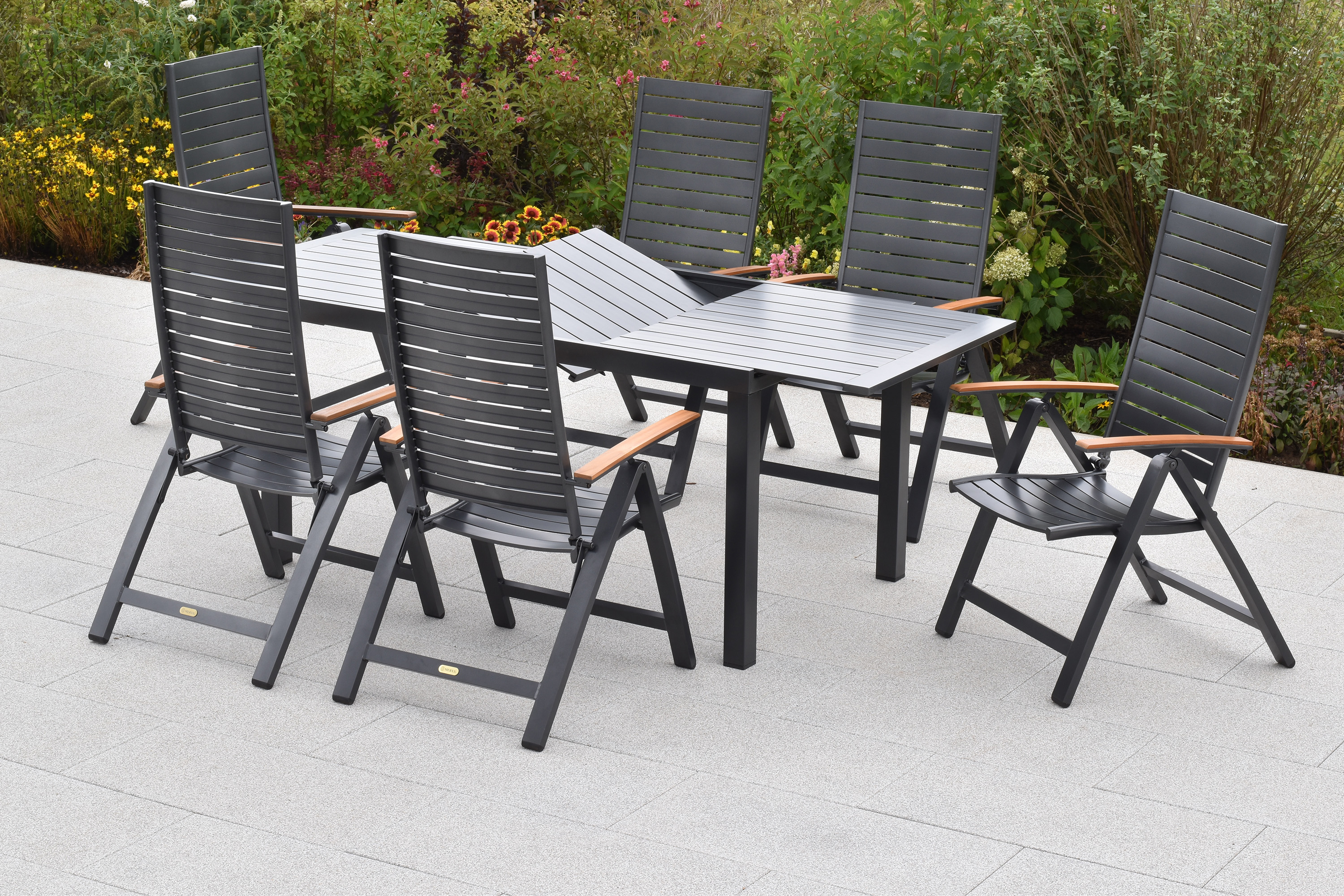 Astros Set, 7tlg., Ausziehtisch, 150/200 x 90 cm, Tischplatte aus Aluminium