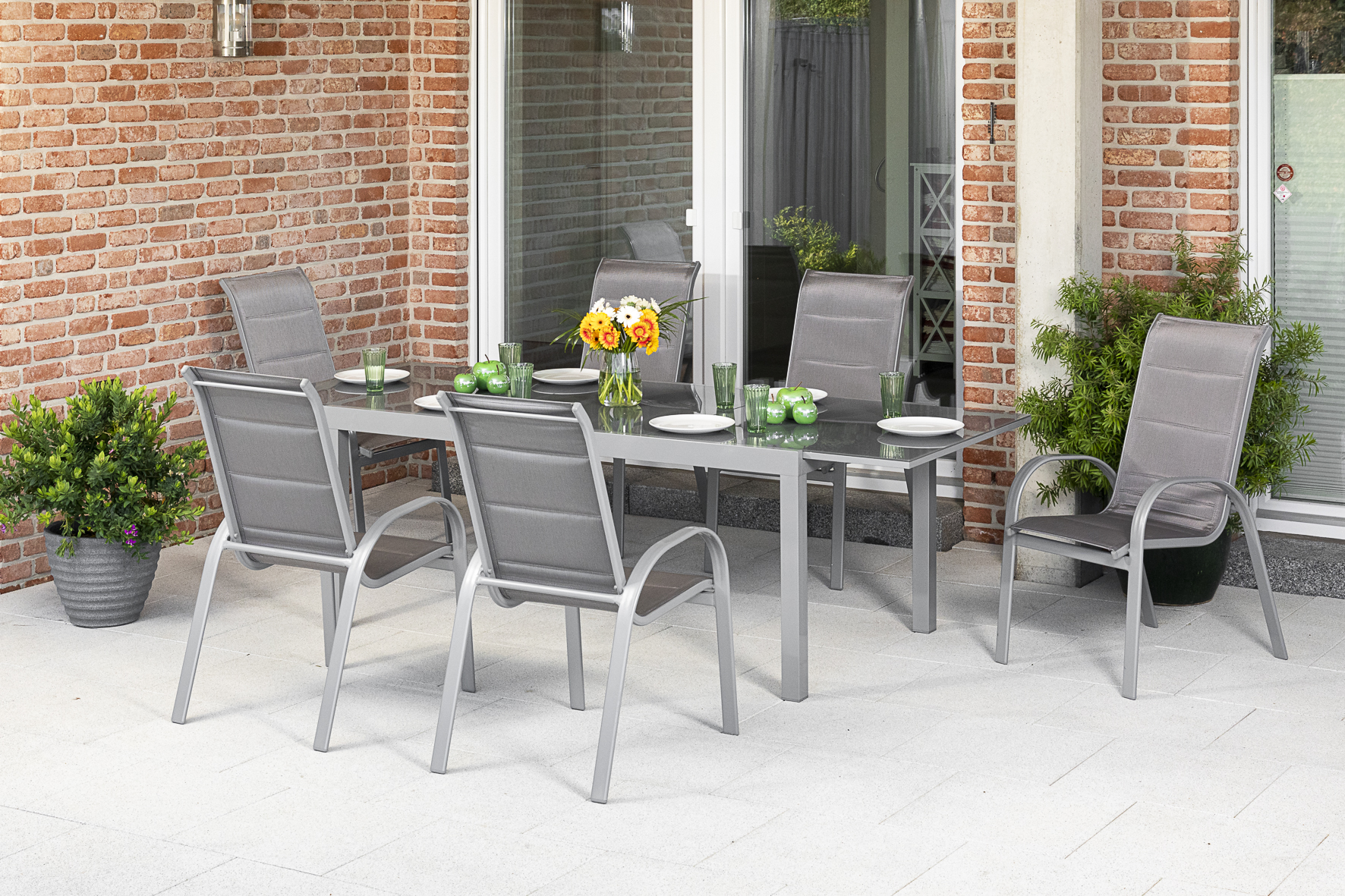50328-330-2 Amalfi di lusso Set 7 tlg., 6 Stapelsessel, Ausziehtisch 200 (300) x 100 cm, diamantbraun