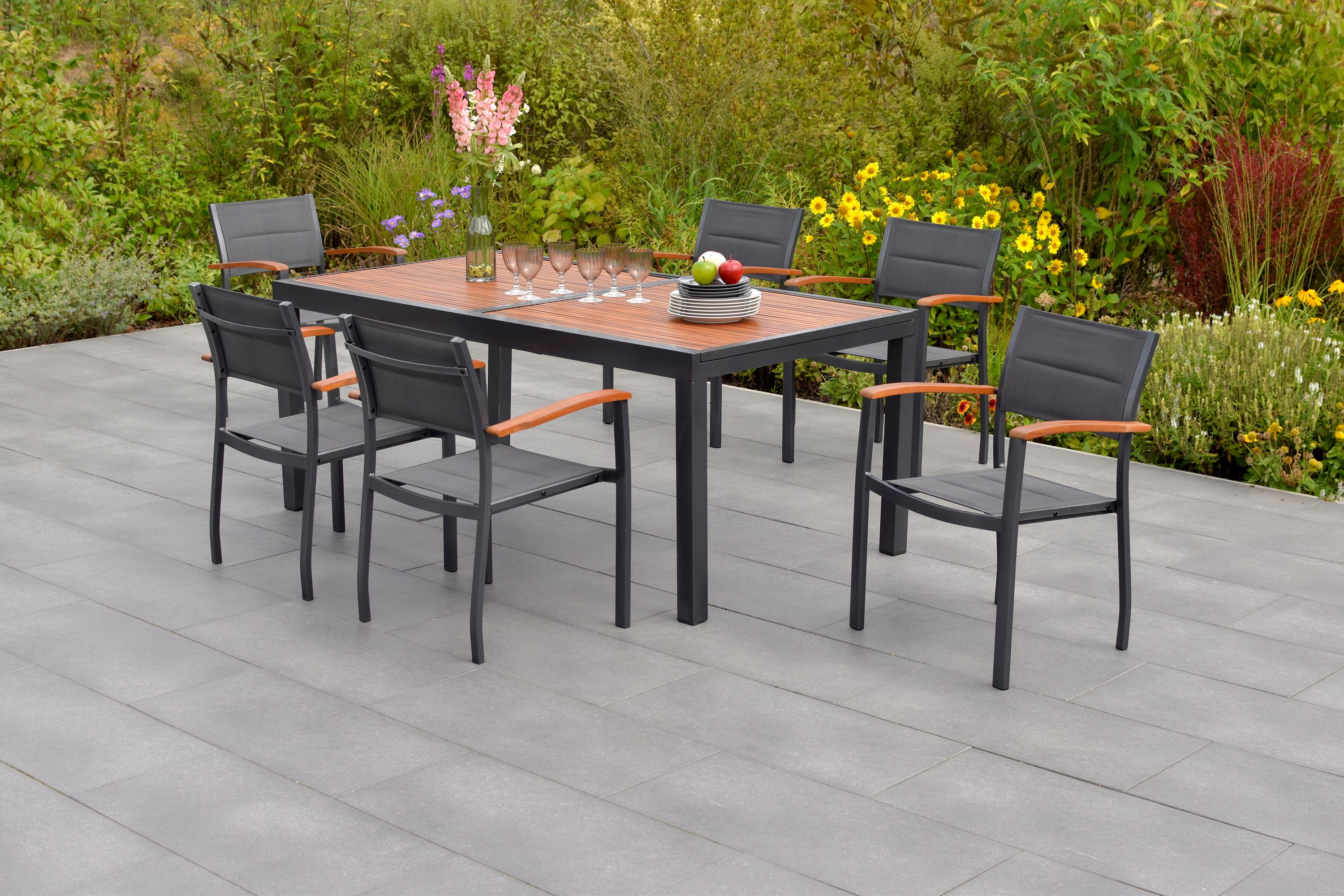 Paxos Set 7tlg., 6 Stapelsessel, Ausziehtisch 180 (240) x 100 cm, graphit