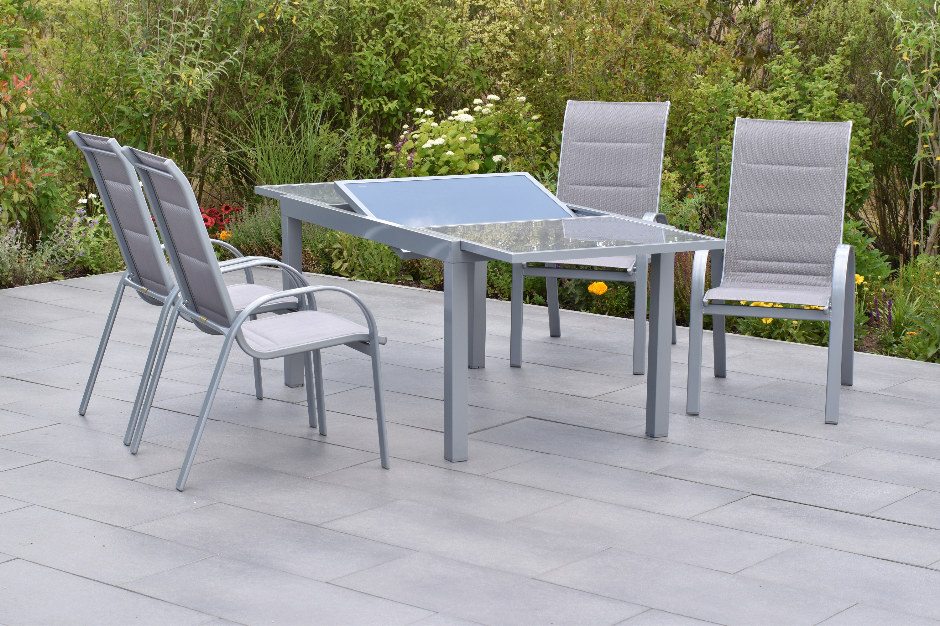 50875-330-2 Amalfi di lusso Set, 5tlg., 4 Stapelsessel, Ausziehtisch 160/220 x 90 cm, diamantbraun